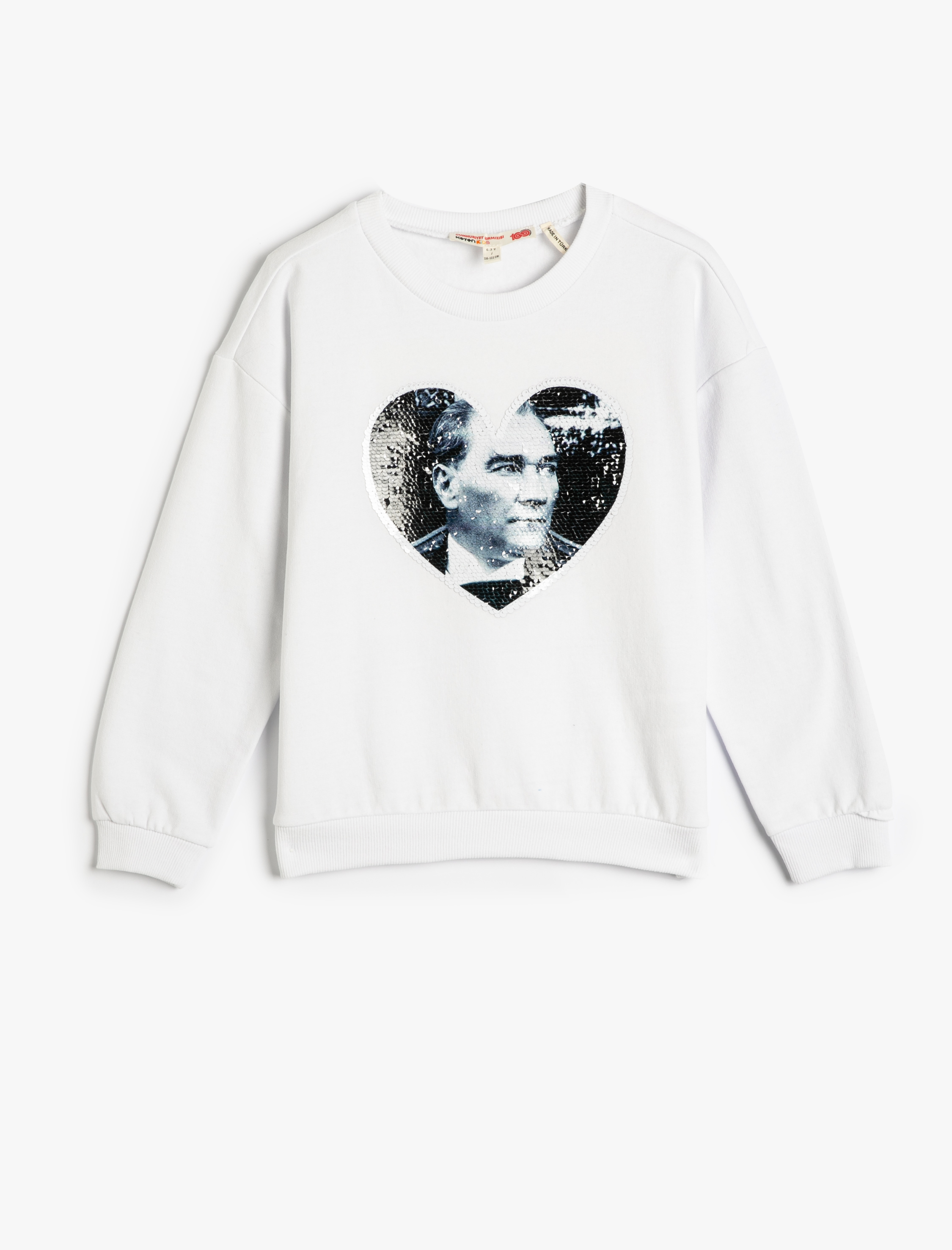  Kız Çocuk Atatürk Baskılı Sweatshirt Çift Taraflı Payetli Uzun Kollu Şardonlu