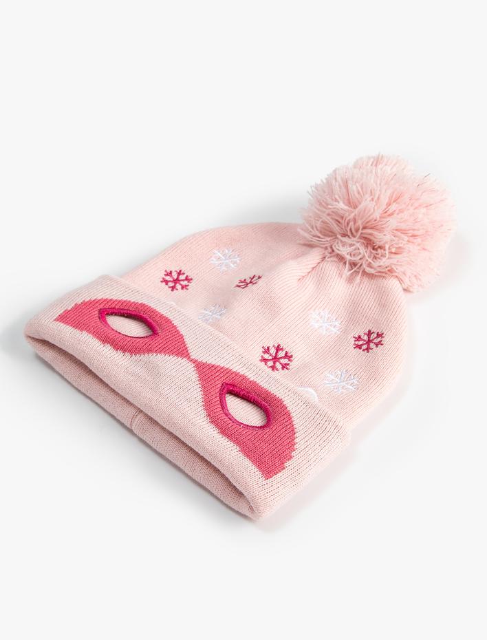 Kız Çocuk Ponponlu Bere Pencere Detaylı Maske Temalı