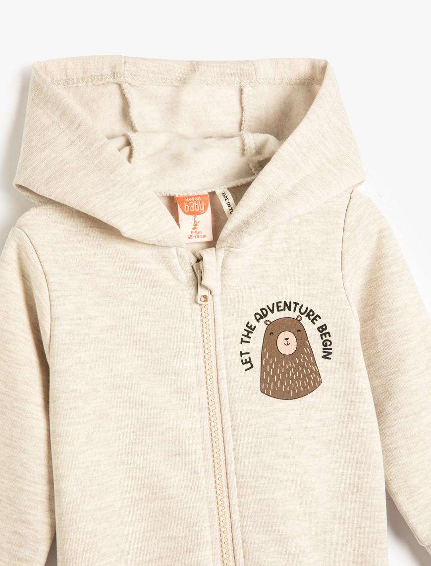  Erkek Bebek Basic Kapşonlu Sweatshirt Ayıcık Baskılı Uzun Kollu