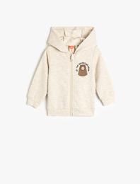 Basic Kapşonlu Sweatshirt Ayıcık Baskılı Uzun Kollu