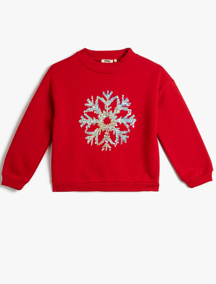 Kız Çocuk Sweatshirt Yılbaşı Temalı Pul Payet İşlemeli Şardonlu