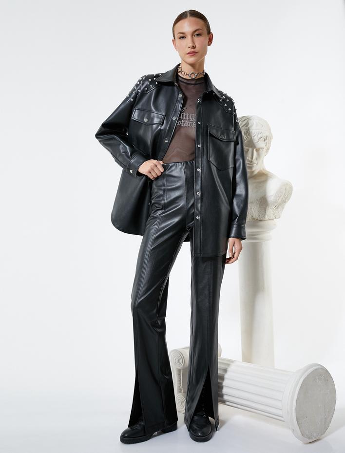  Suni Deri Pantolon Yırtmaç Detaylı