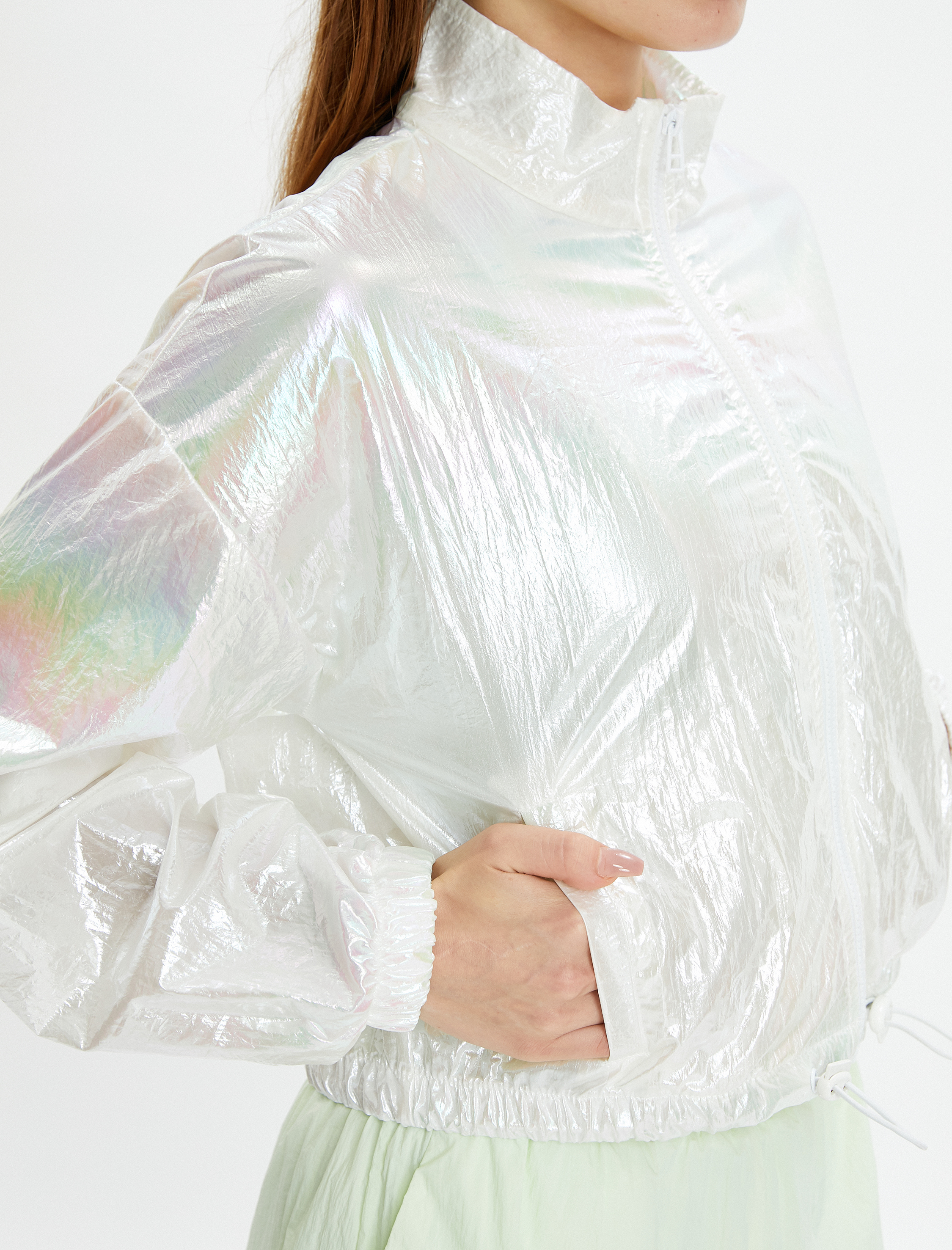   Spor Ceket Parlak Paraşüt Kumaş Cepli Crop Beli Lastikli Fermuarlı