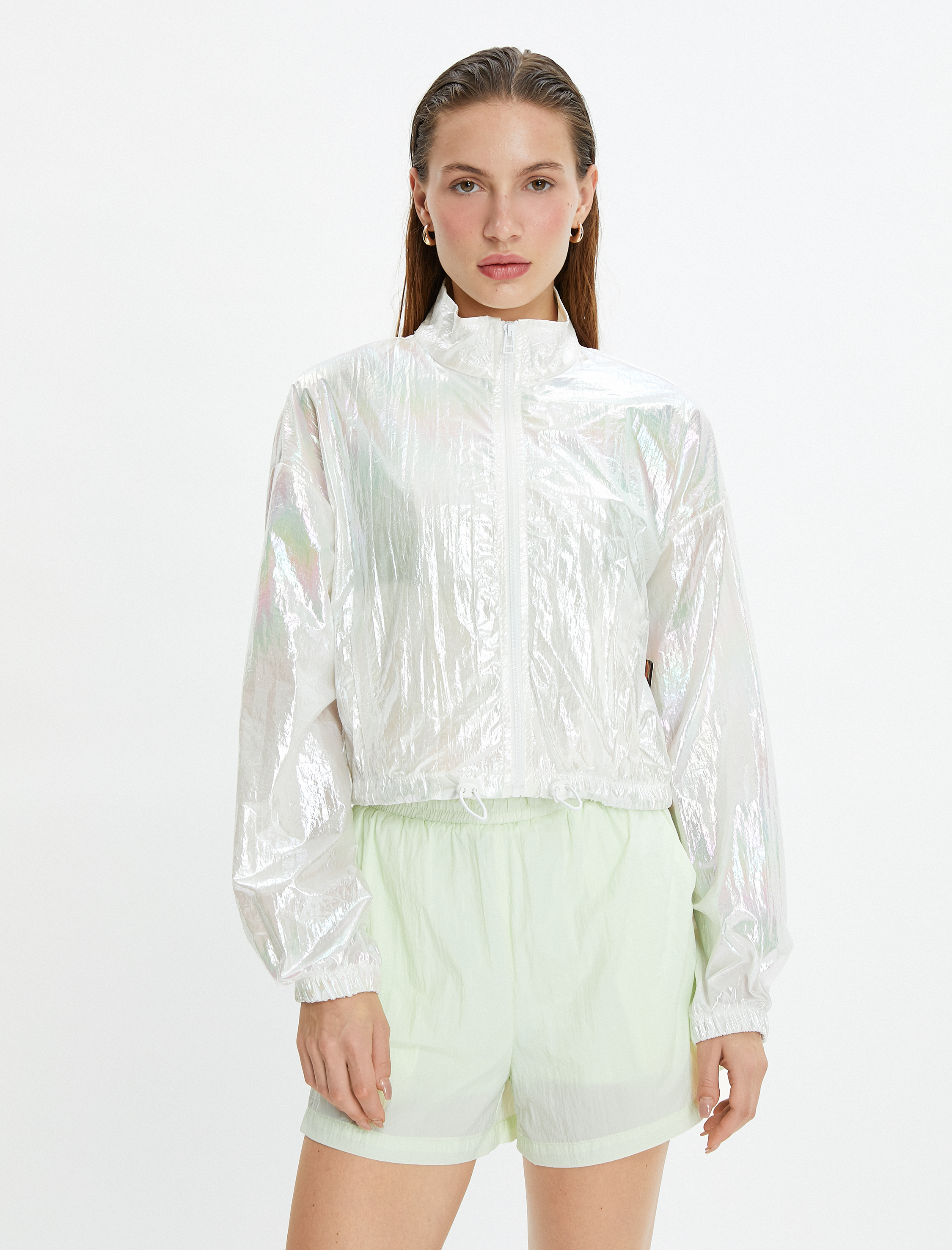   Spor Ceket Parlak Paraşüt Kumaş Cepli Crop Beli Lastikli Fermuarlı