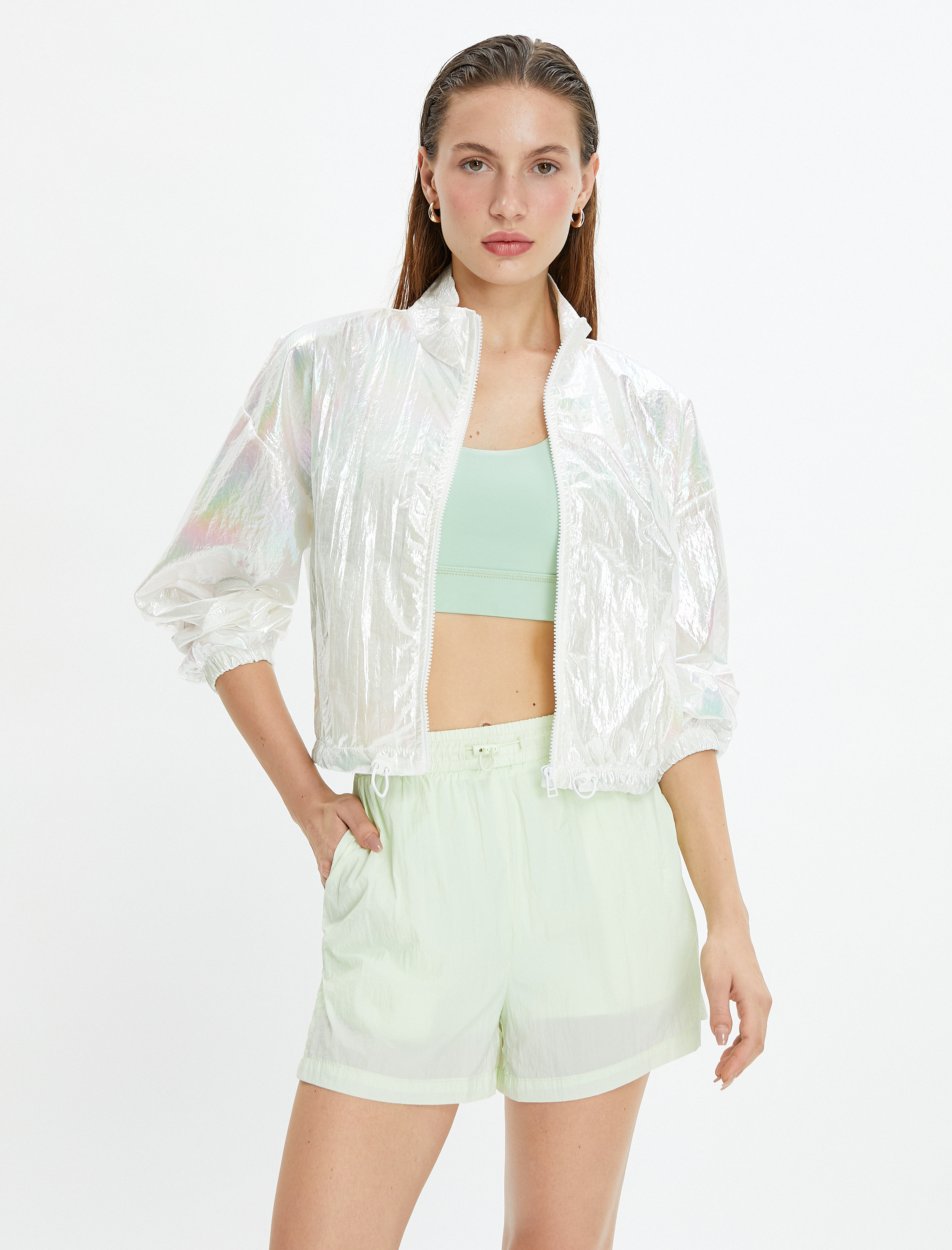   Spor Ceket Parlak Paraşüt Kumaş Cepli Crop Beli Lastikli Fermuarlı