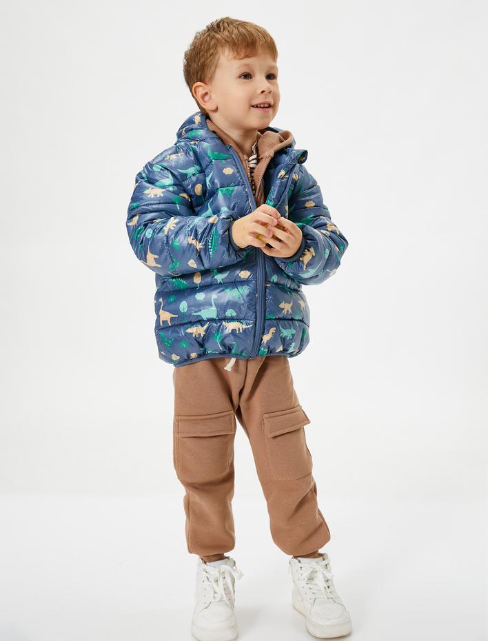 Erkek Bebek Dinozorlu Şişme Mont Kapitone Kapşonlu Fermuarlı
