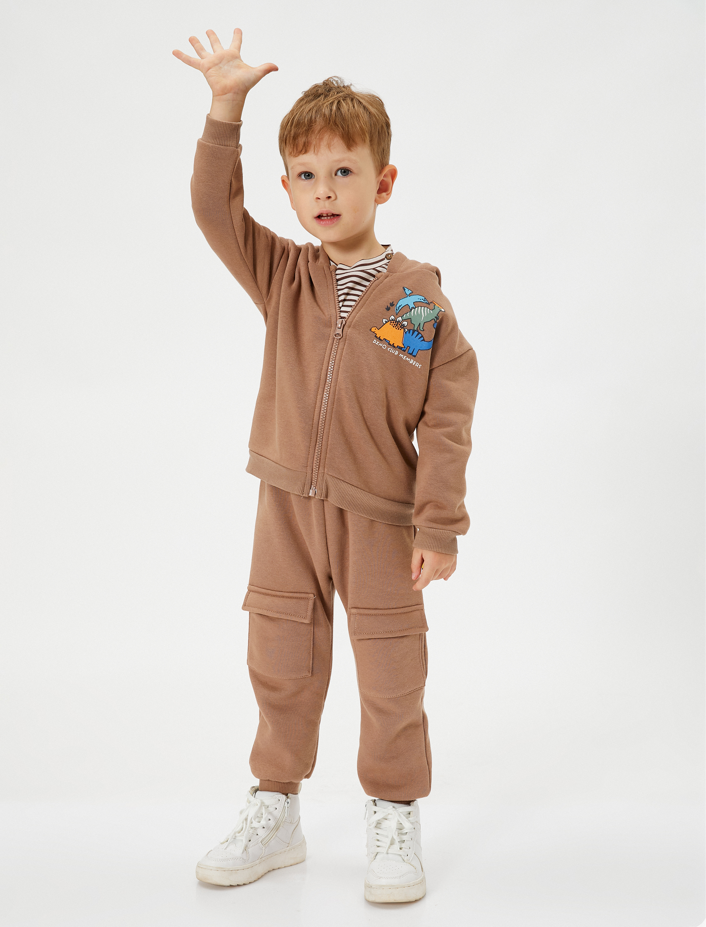  Erkek Bebek Dinozorlu Sweatshirt Kapşonlu Aplike Detaylı Fermuarlı Şardonlu