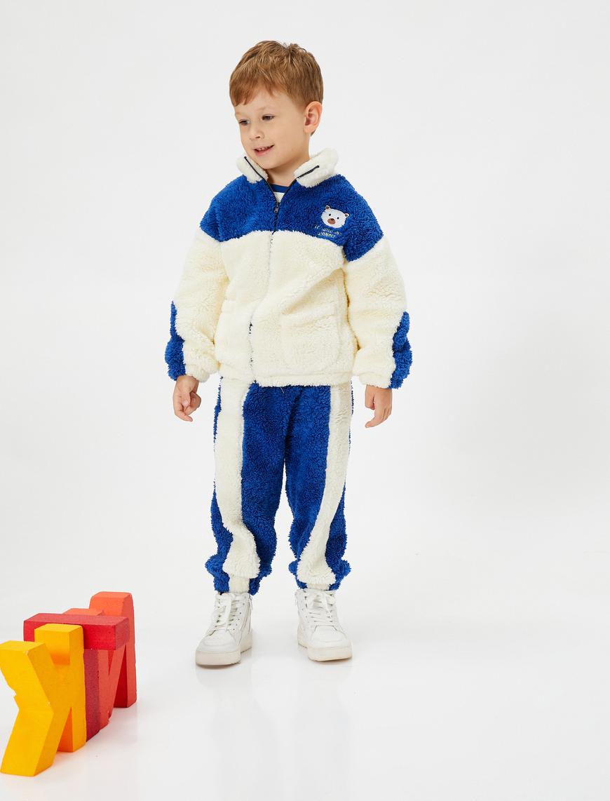  Erkek Bebek Peluş Sweatshirt Dik Yaka Cepli Fermuar Kapamalı Aplike Detaylı Renk Bloklu