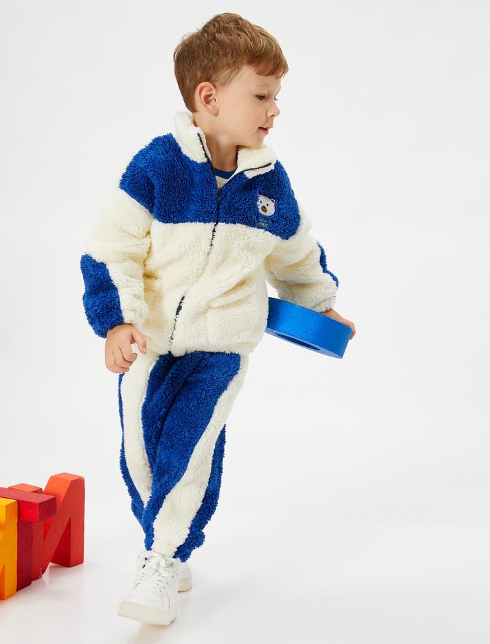 Erkek Bebek Peluş Sweatshirt Dik Yaka Cepli Fermuar Kapamalı Aplike Detaylı Renk Bloklu