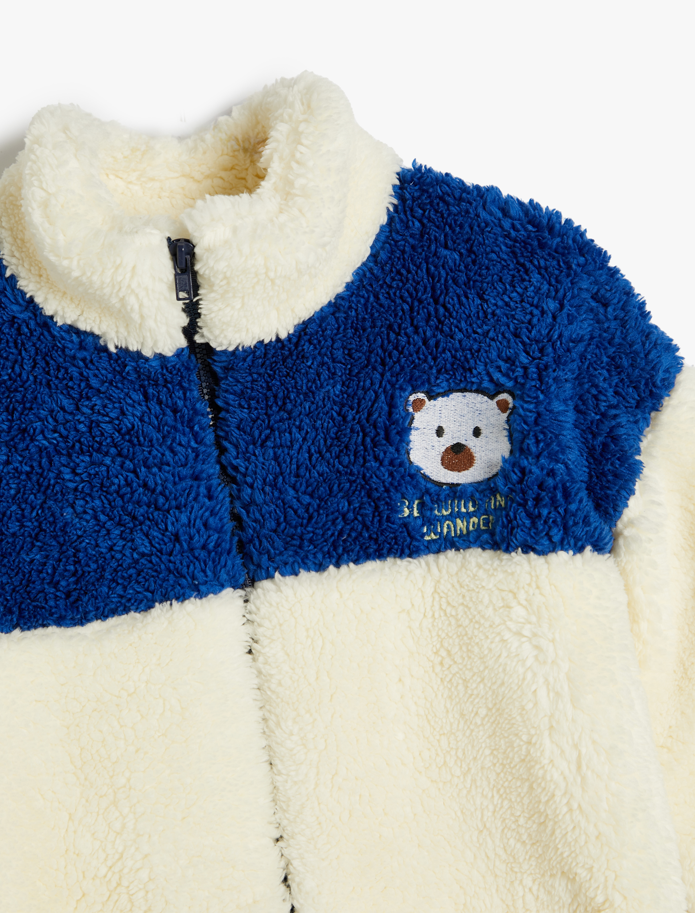  Erkek Bebek Peluş Sweatshirt Dik Yaka Cepli Fermuar Kapamalı Aplike Detaylı Renk Bloklu