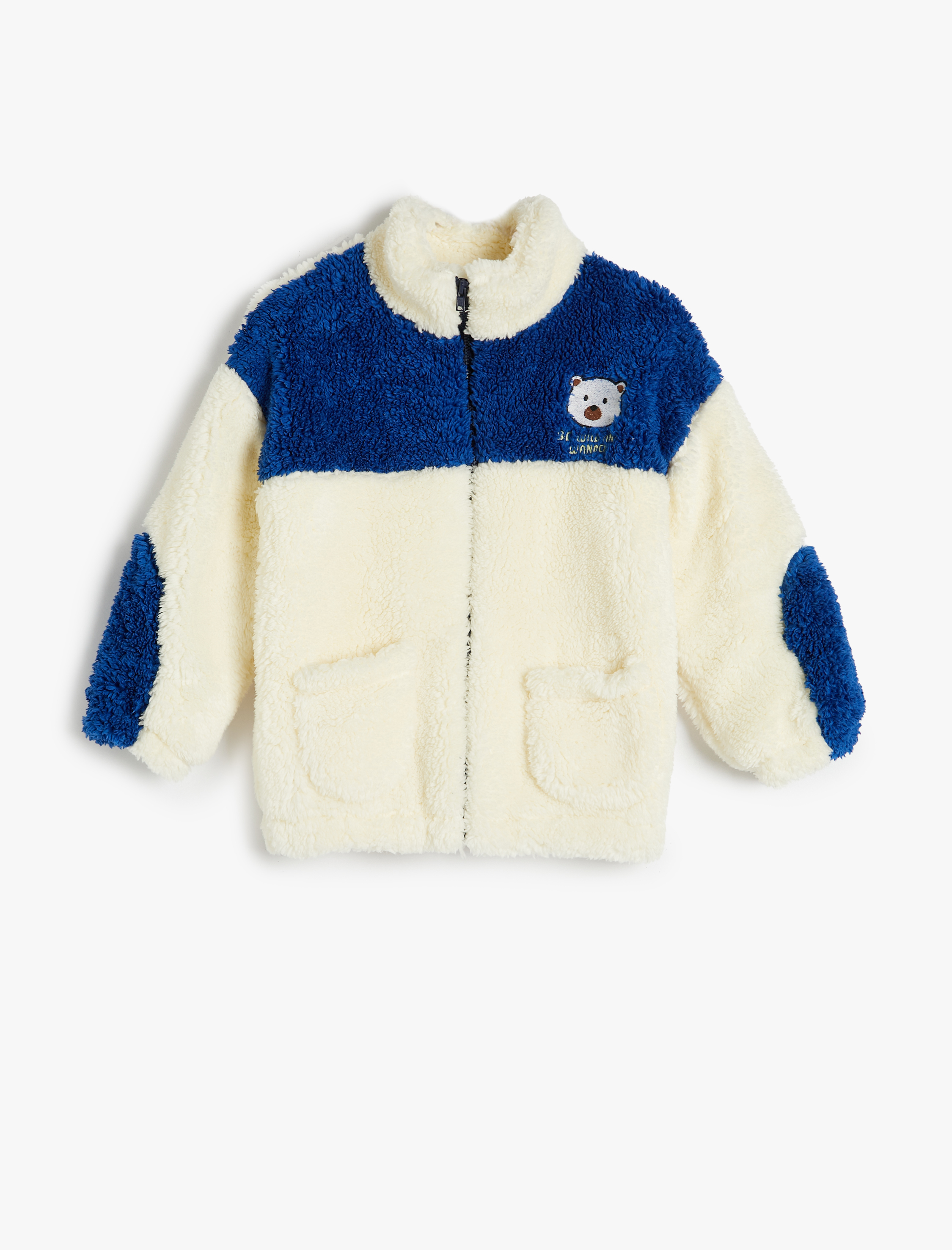  Erkek Bebek Peluş Sweatshirt Dik Yaka Cepli Fermuar Kapamalı Aplike Detaylı Renk Bloklu