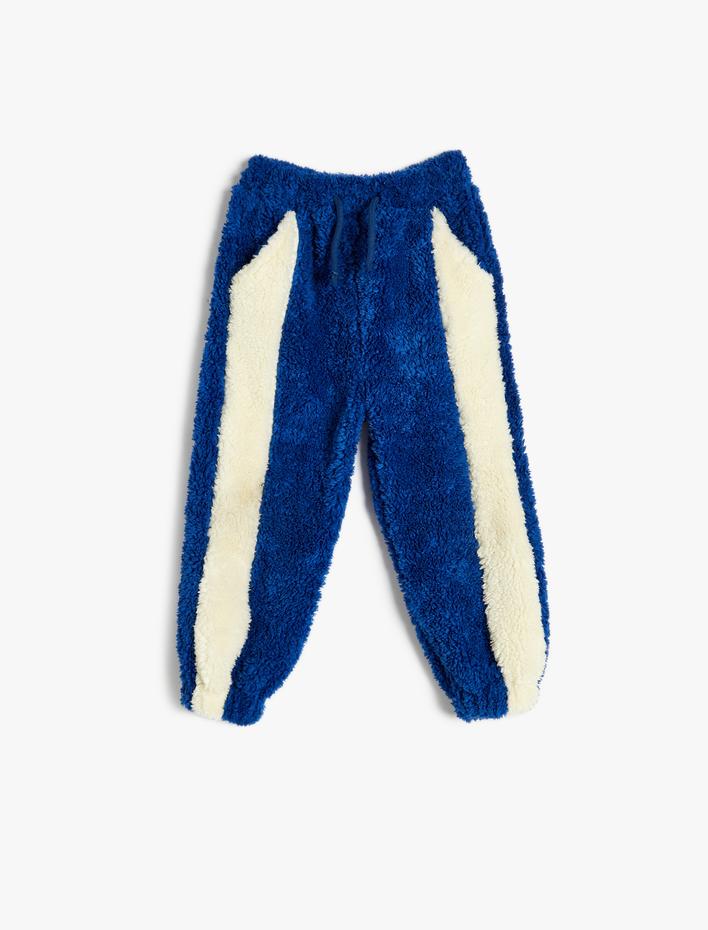 Erkek Bebek Peluş Eşofman Altı Kontrastlı Beli Bağlamalı Fileto Cepli