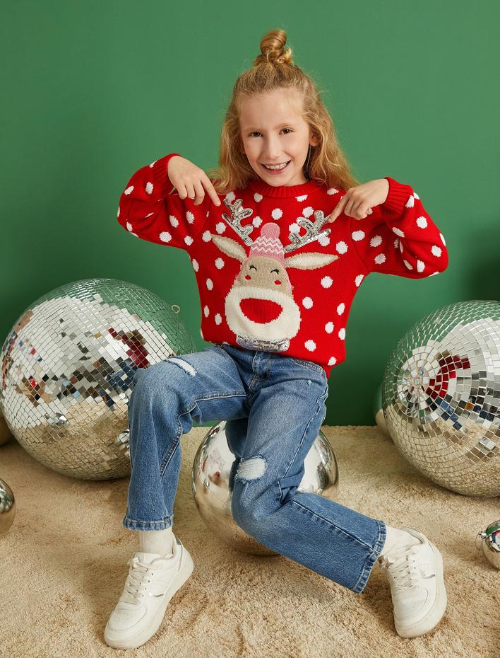 Kız Çocuk Yılbaşı Temalı Triko Kazak Payetli Uzun Kollu