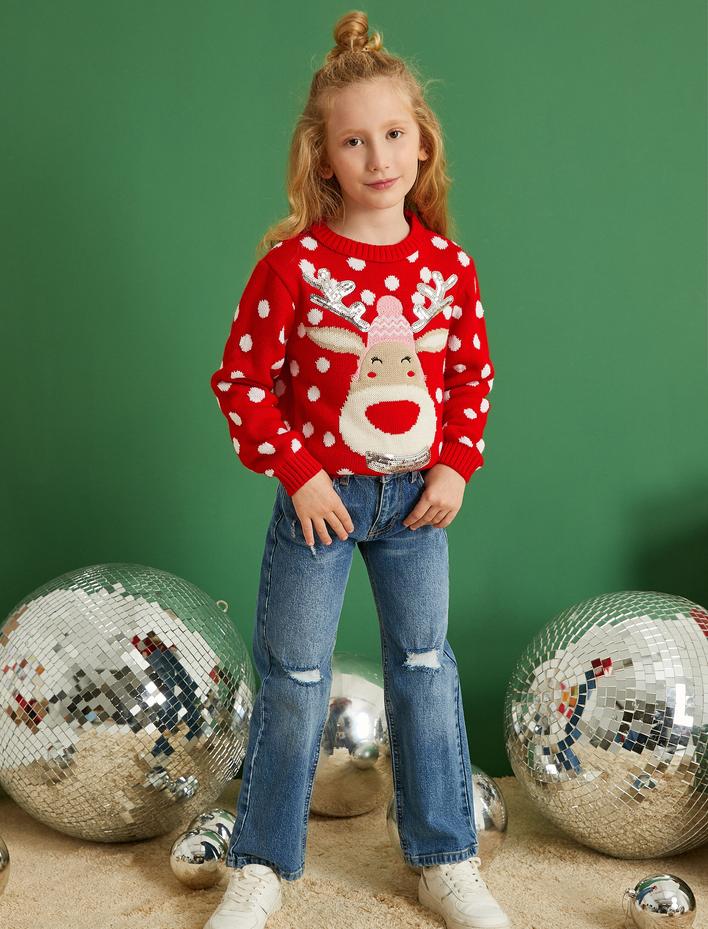 Kız Çocuk Yılbaşı Temalı Triko Kazak Payetli Uzun Kollu
