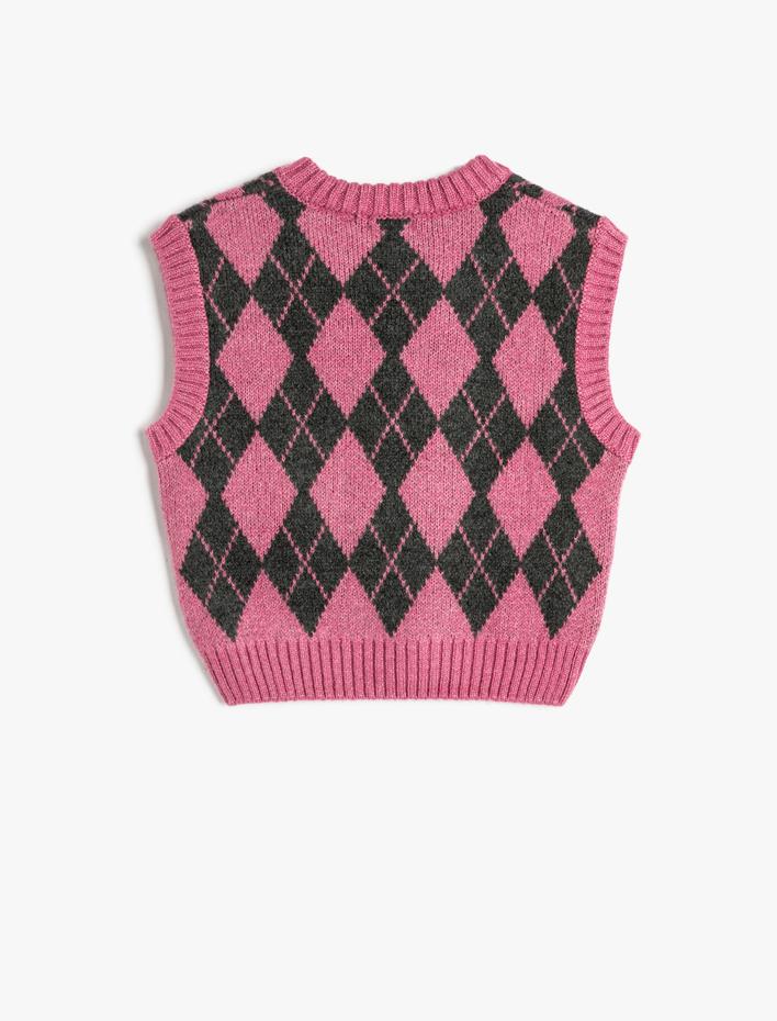 Kız Çocuk Süveter Baklava Desenli V Yaka Yumuşak Dokulu