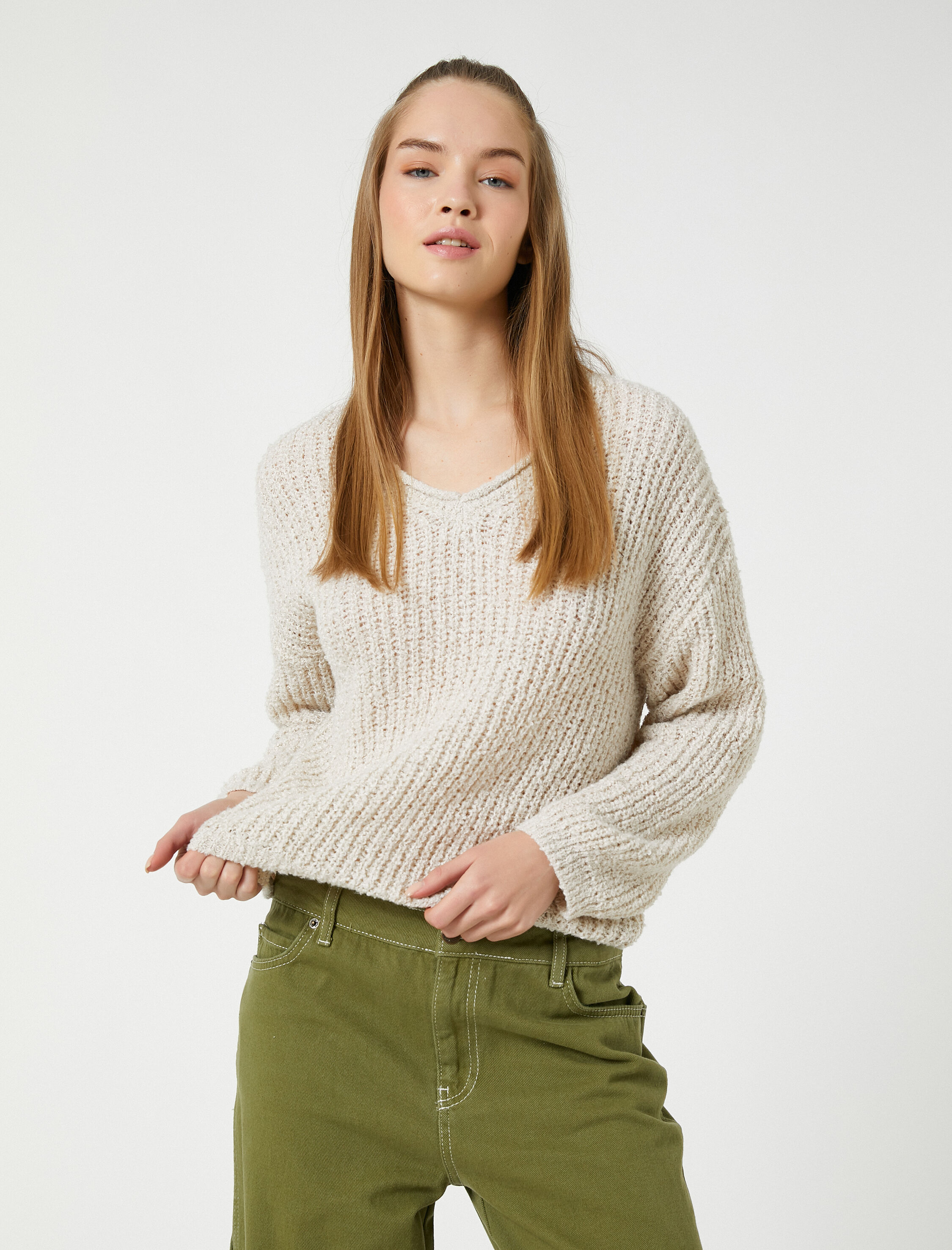   V Yaka Triko Kazak Örgü Uzun Kollu Fitilli