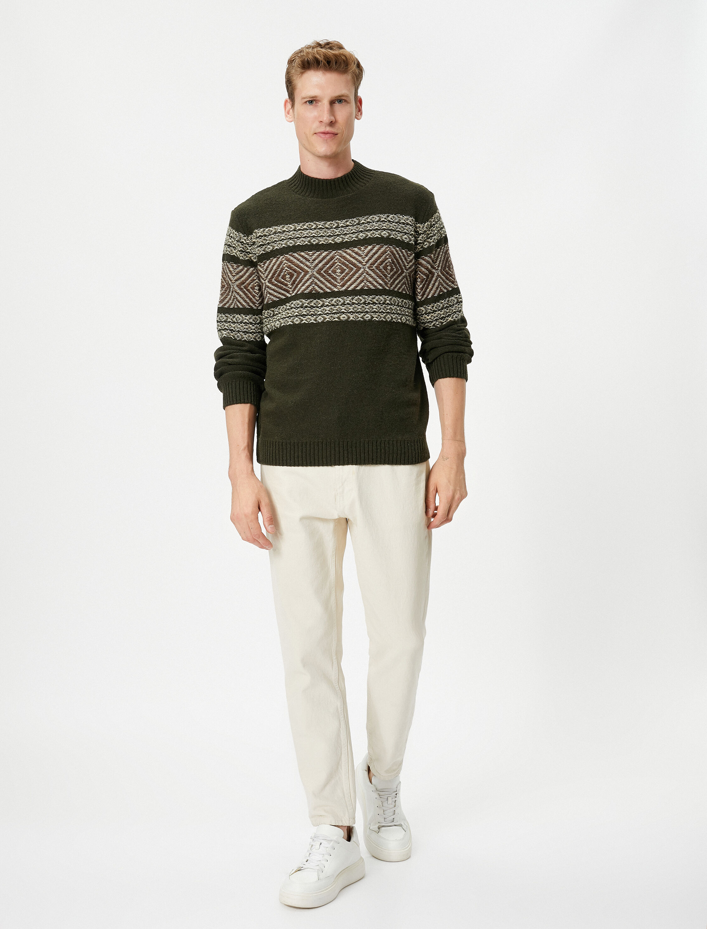   Yarım Balıkçı Yaka Kazak Etnik Desenli Ribanalı