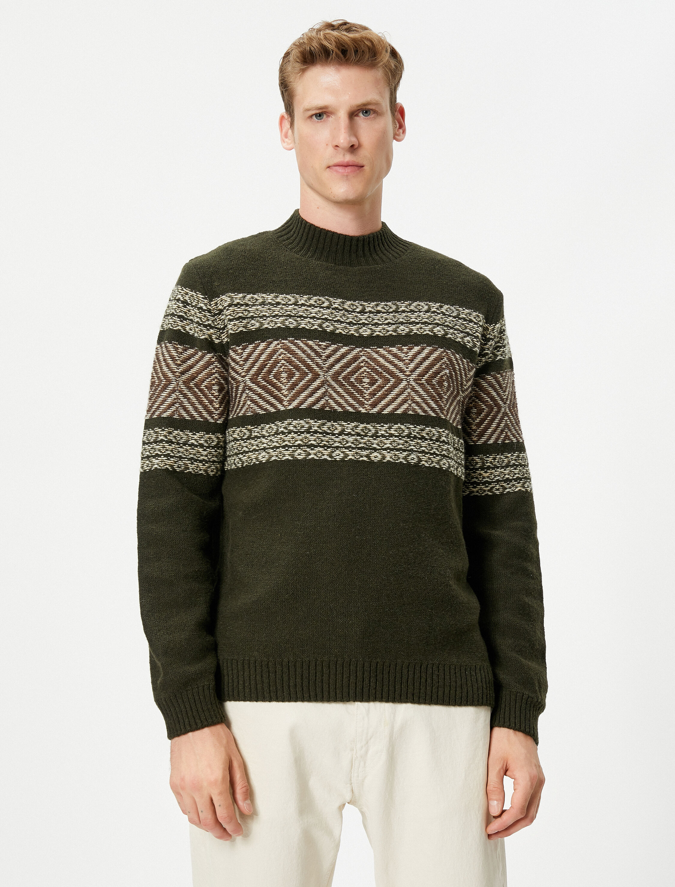   Yarım Balıkçı Yaka Kazak Etnik Desenli Ribanalı