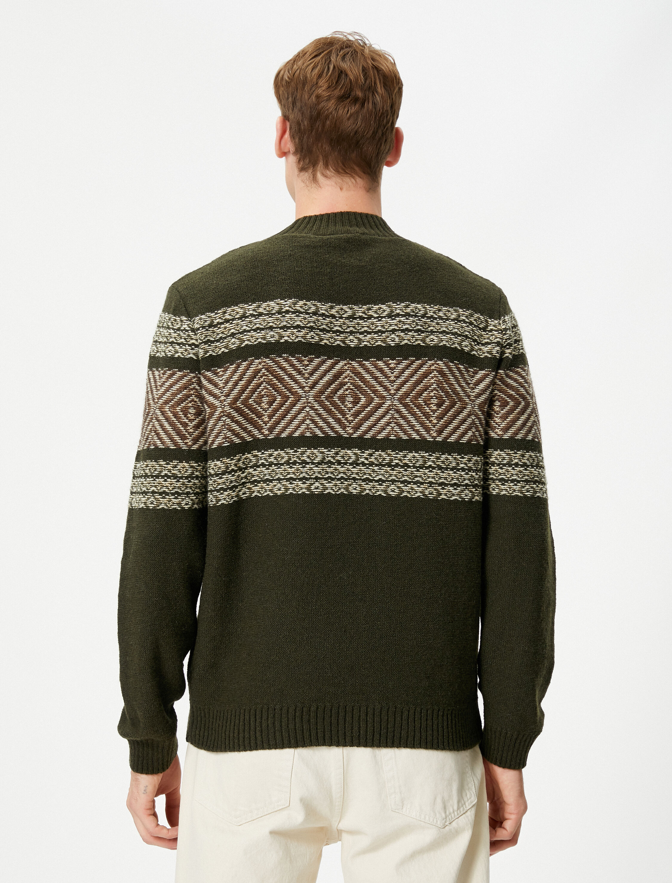   Yarım Balıkçı Yaka Kazak Etnik Desenli Ribanalı