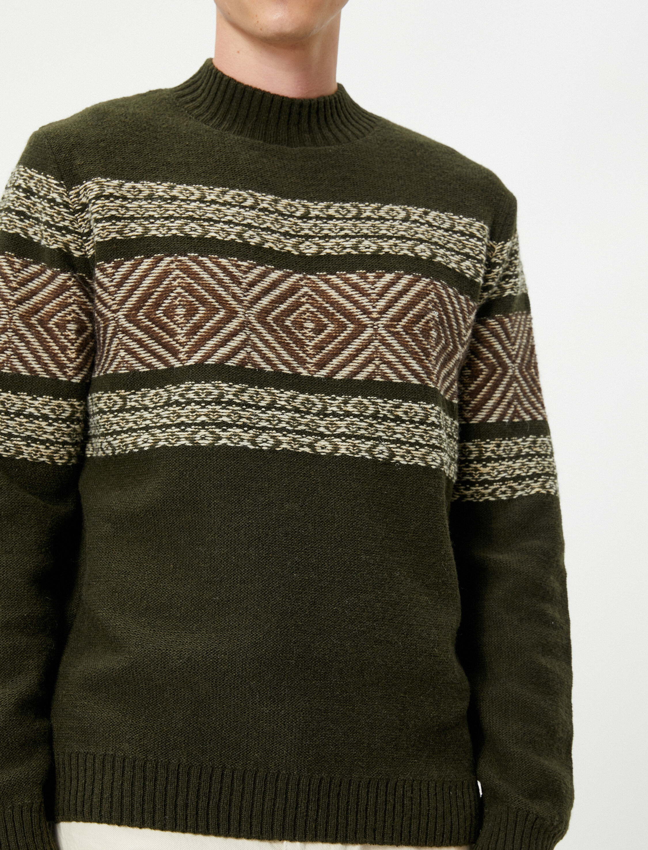   Yarım Balıkçı Yaka Kazak Etnik Desenli Ribanalı