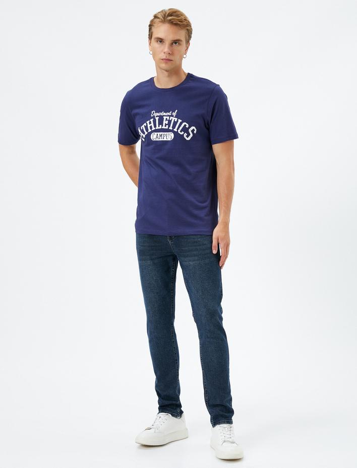  Kolej Baskılı Tişört Bisiklet Yaka Kısa Kollu Pamuklu