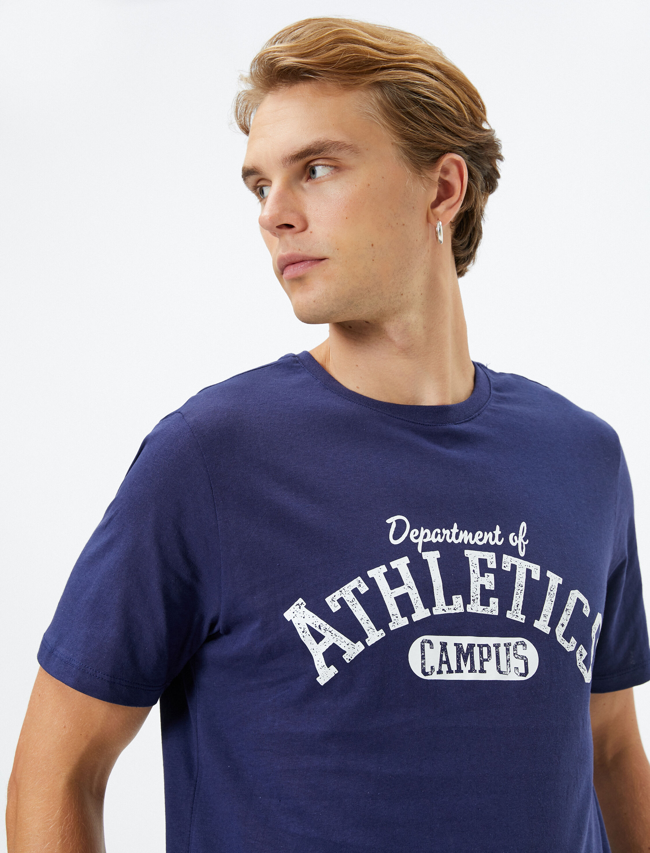   Kolej Baskılı Tişört Bisiklet Yaka Kısa Kollu Pamuklu