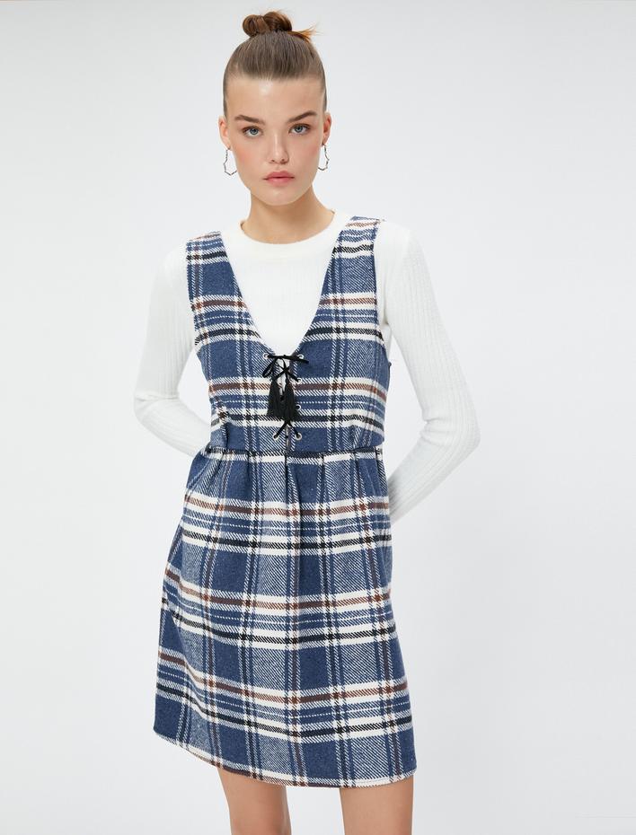  Salopet Mini Elbise Rahat Kesim Önü Bağlamalı Yumuşak Dokulu