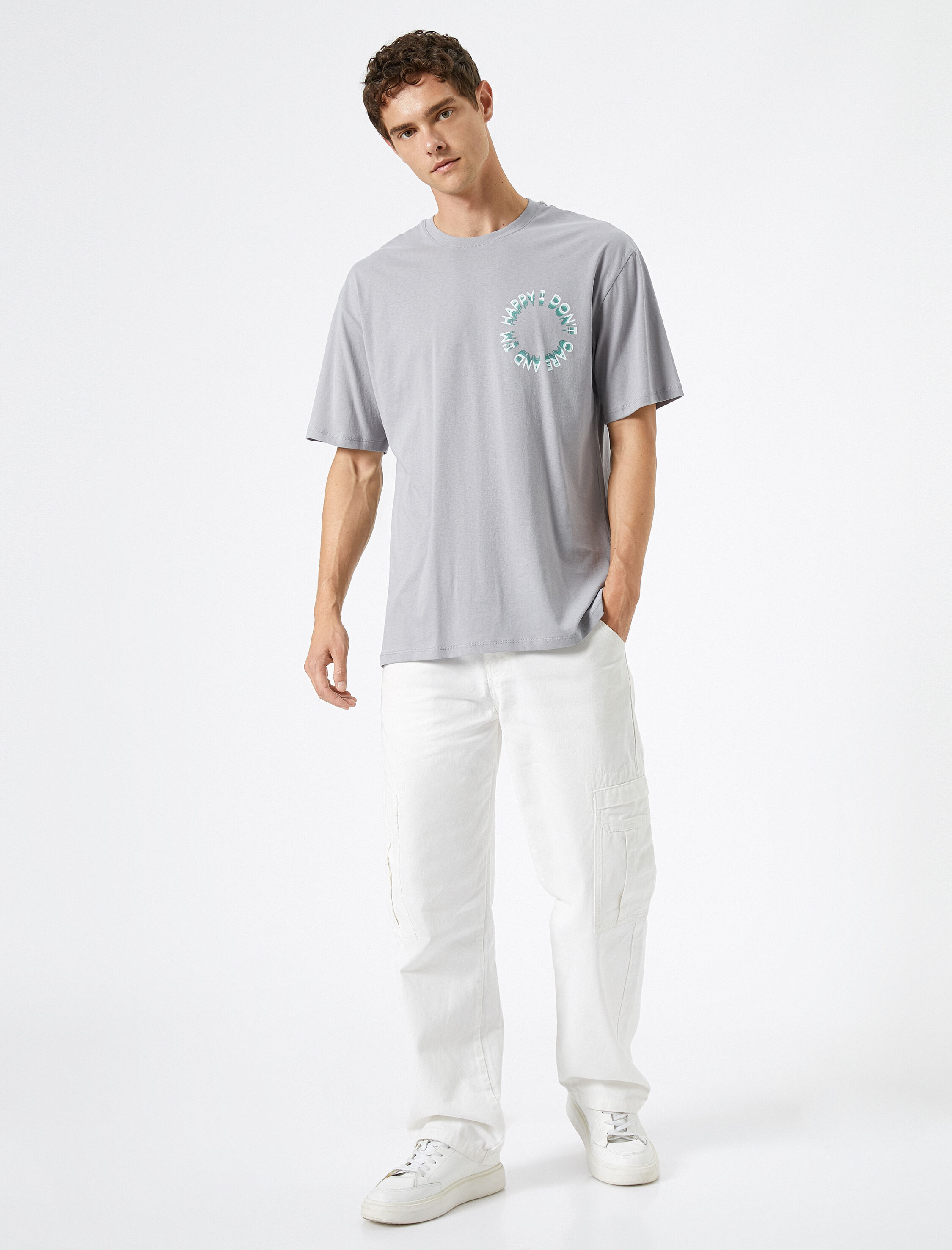   Arkası Baskılı Tişört Sloganlı Relax Fit Bisiklet Yaka Pamuklu