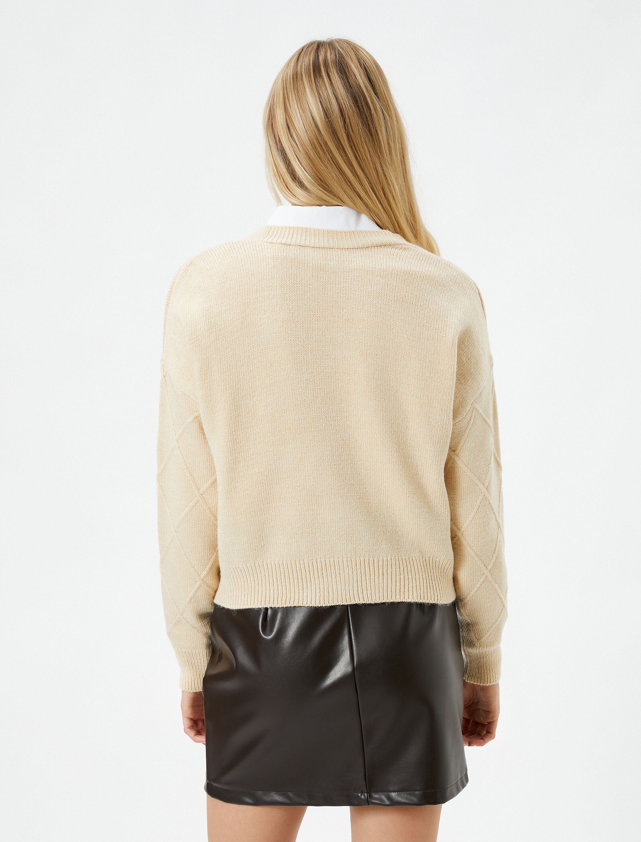   Triko Hırka Düğmeli Dokulu V Yaka Uzun Kollu