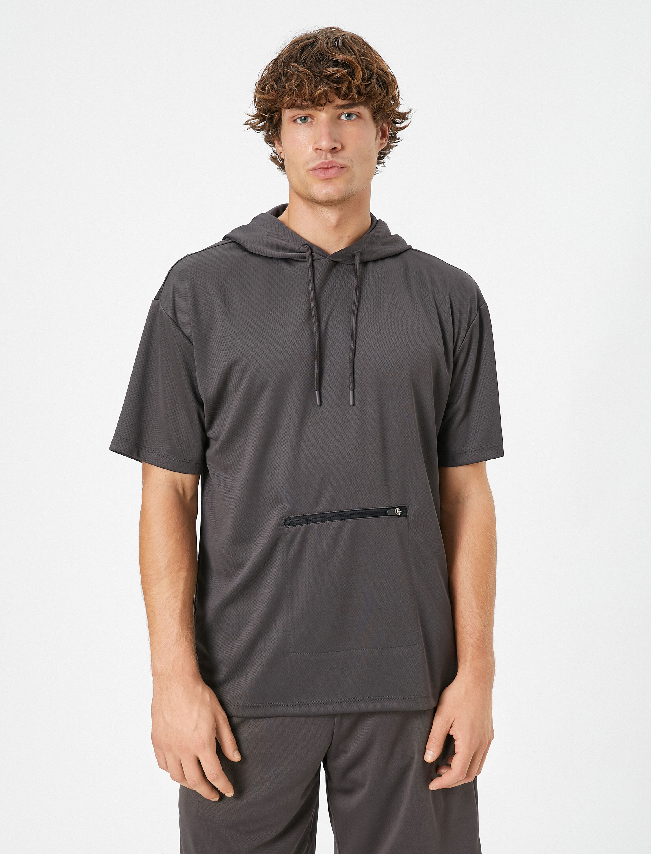   Kapşonlu Tişört Spor Fermuar Cep Detaylı Kısa Kollu