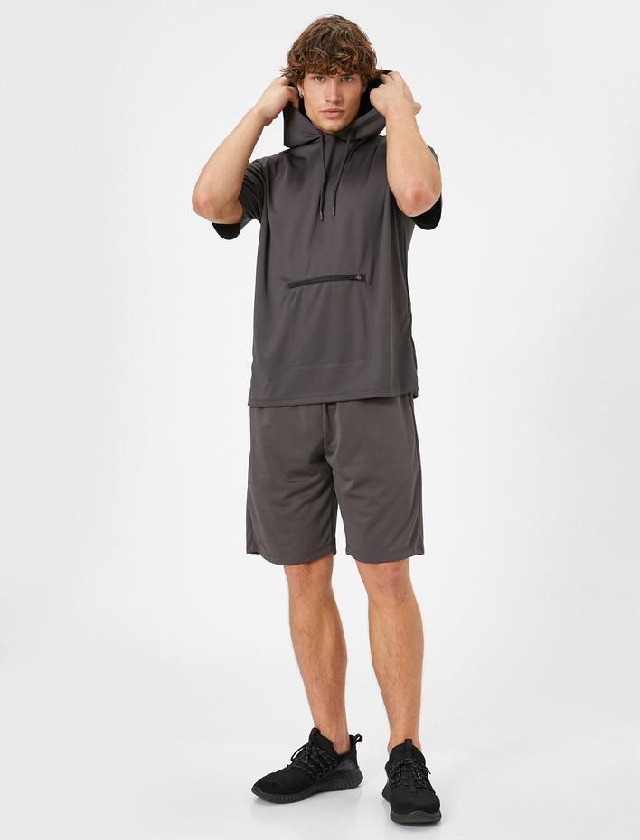  Kapşonlu Tişört Spor Fermuar Cep Detaylı Kısa Kollu