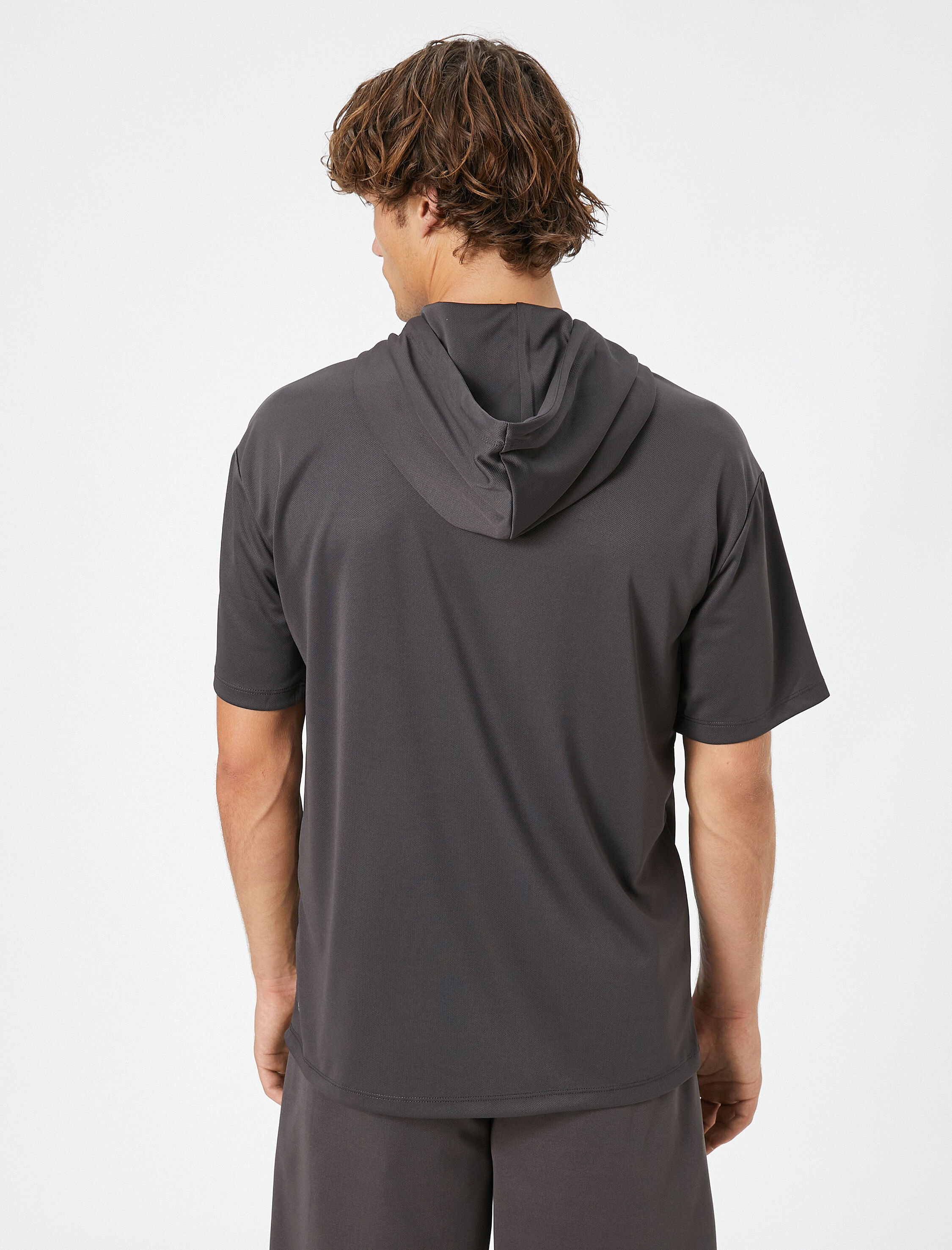   Kapşonlu Tişört Spor Fermuar Cep Detaylı Kısa Kollu