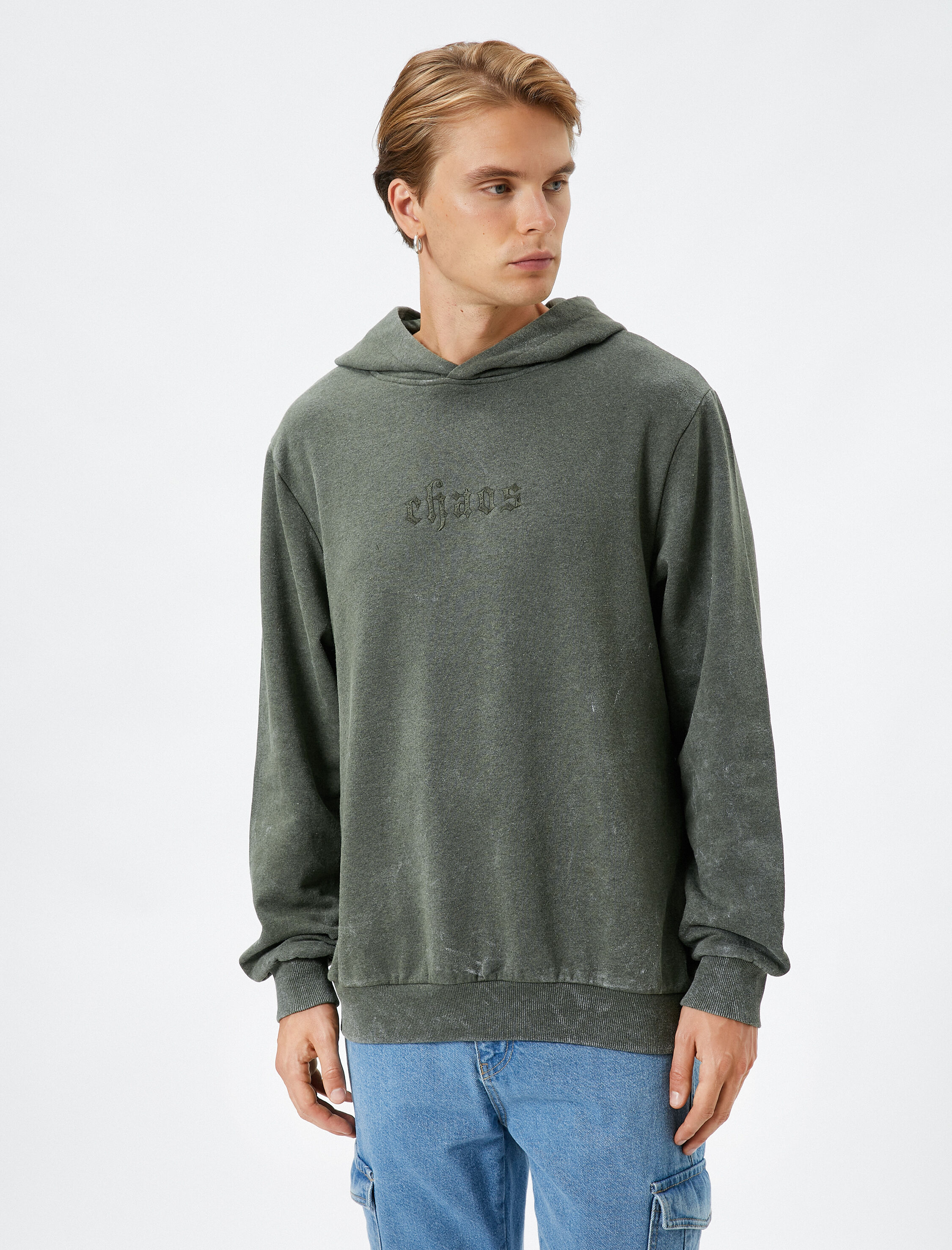   Kapşonlu Sweatshirt Slogan İşlemeli Ribanalı Uzun Kollu Şardonlu