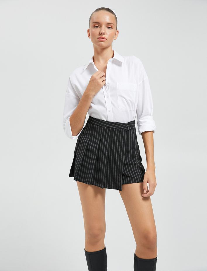  Pileli Mini Şort Etek Kruvaze