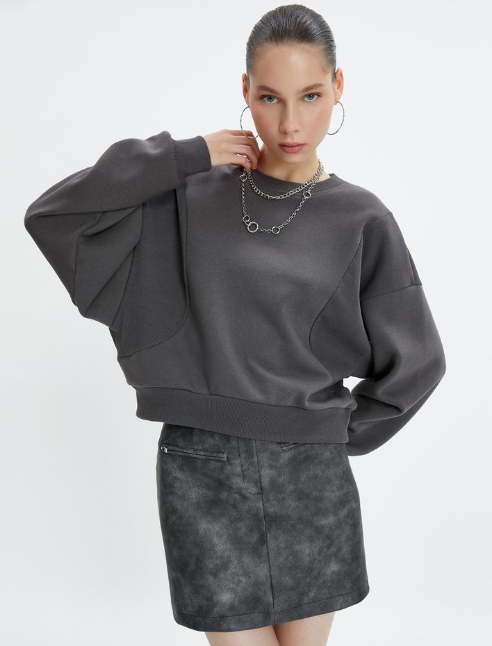  Şardonlu Bisiklet Yaka Sweatshirt Reglan Kollu Ribanalı