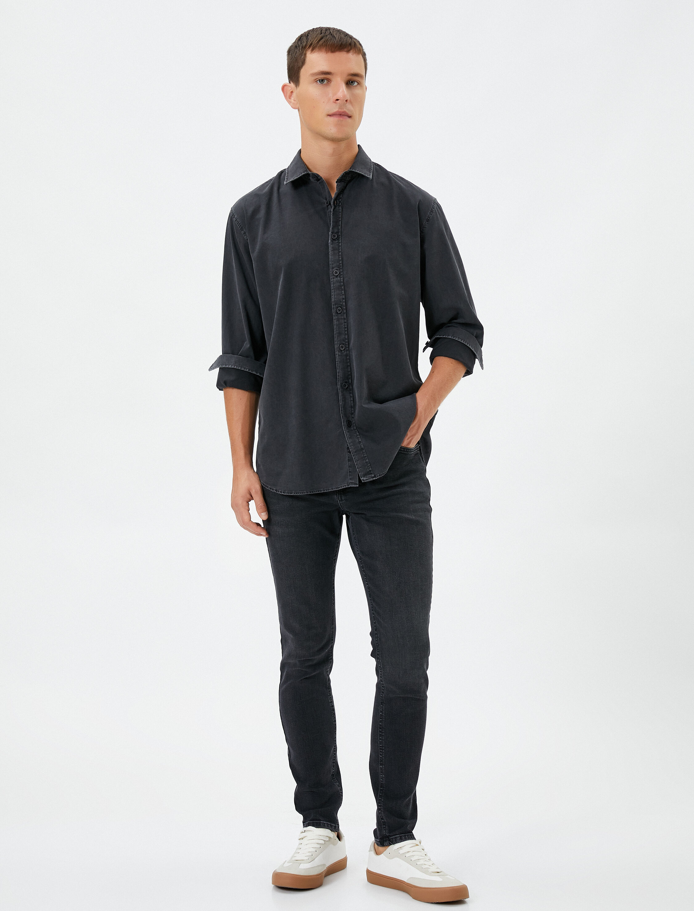   Klasik Gömlek Uzun Kollu Manşet Yaka Düğmeli Pamuklu