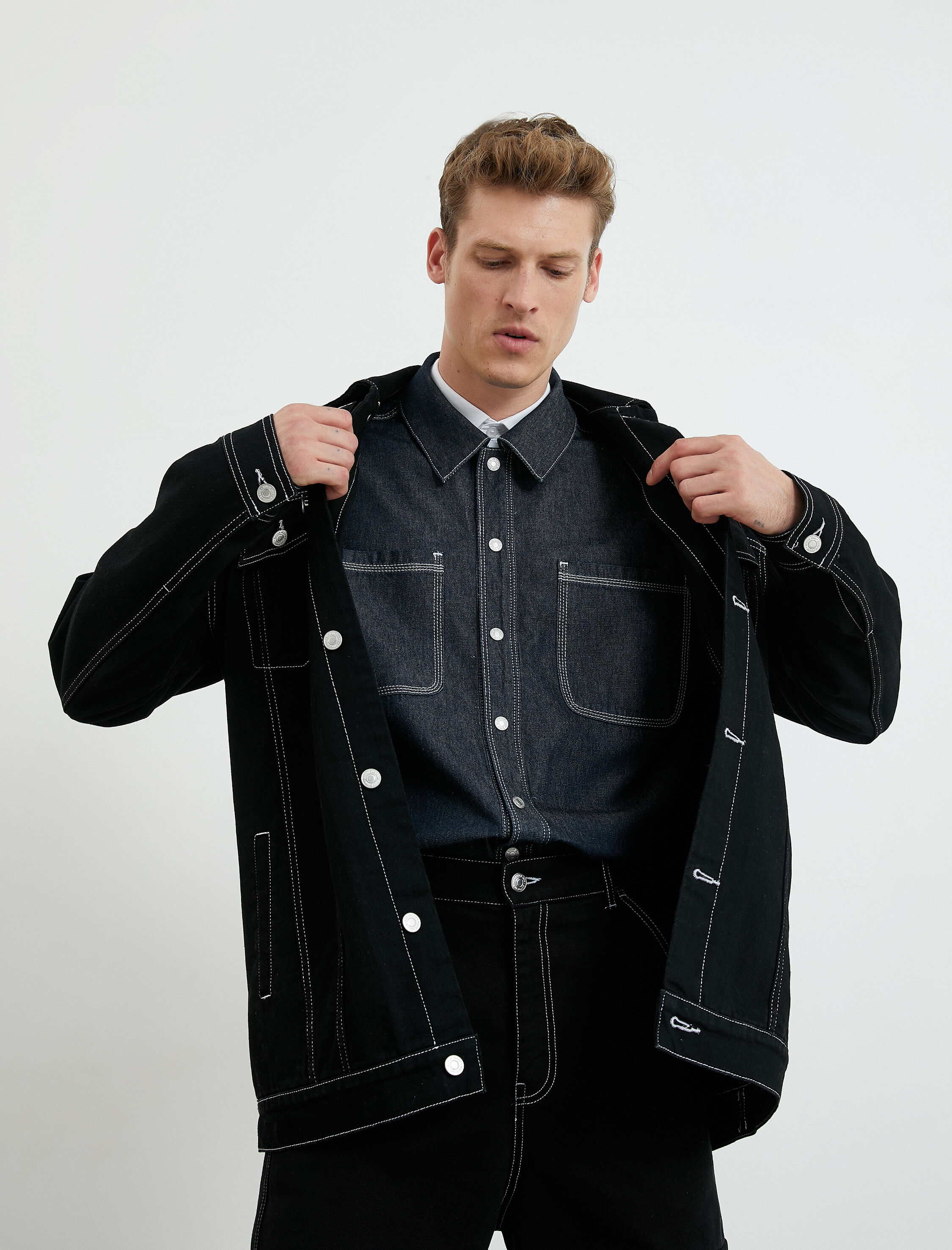   Kot Ceket Düğmeli Cepli Dikiş Detaylı Gömlek Yaka