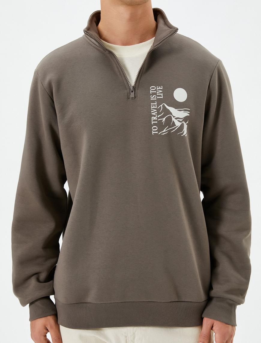   Yarım Fermuarlı Sweatshirt Slogan Baskılı Dik Yaka Şardonlu