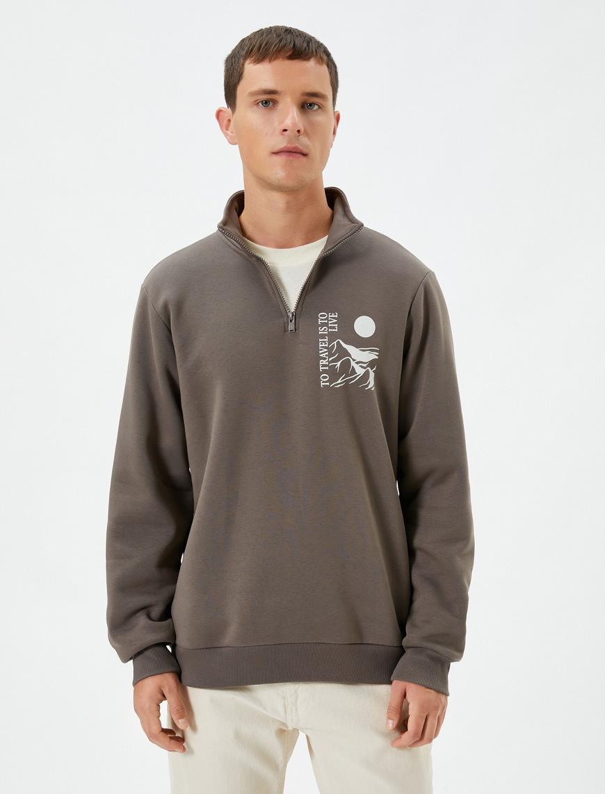   Yarım Fermuarlı Sweatshirt Slogan Baskılı Dik Yaka Şardonlu
