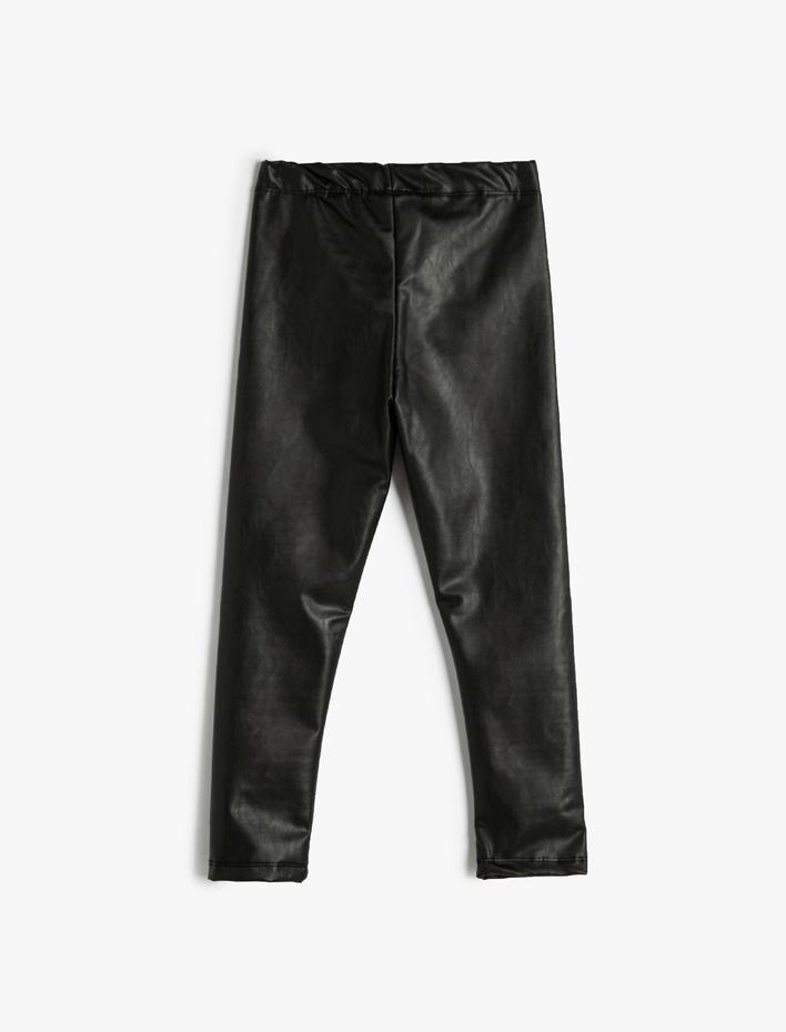 Kız Çocuk Suni Deri Görünümlü Tayt Beli Lastikli