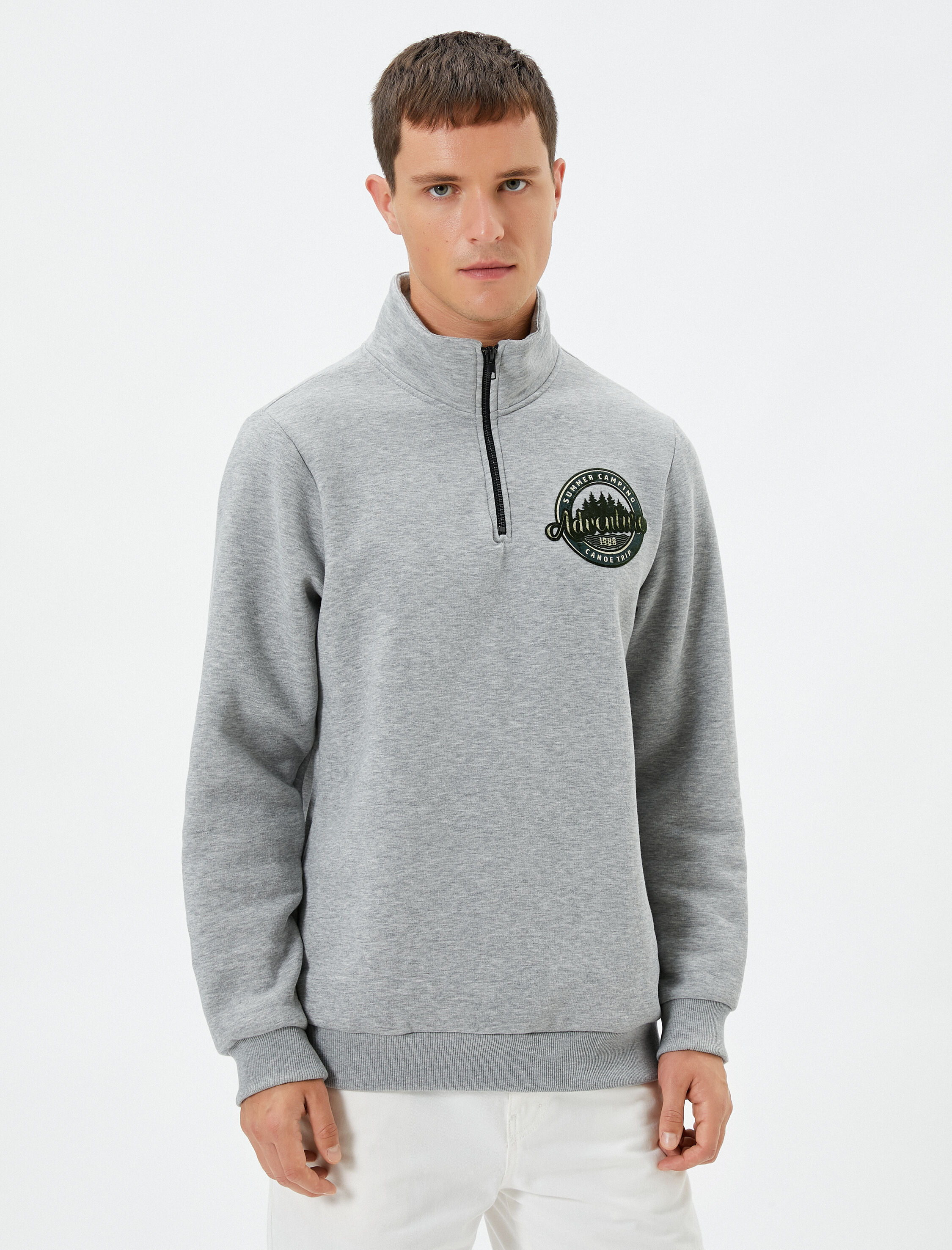   Yarım Fermuarlı Sweatshirt Kolej Baskılı İşlemeli Dik Yaka Şardonlu