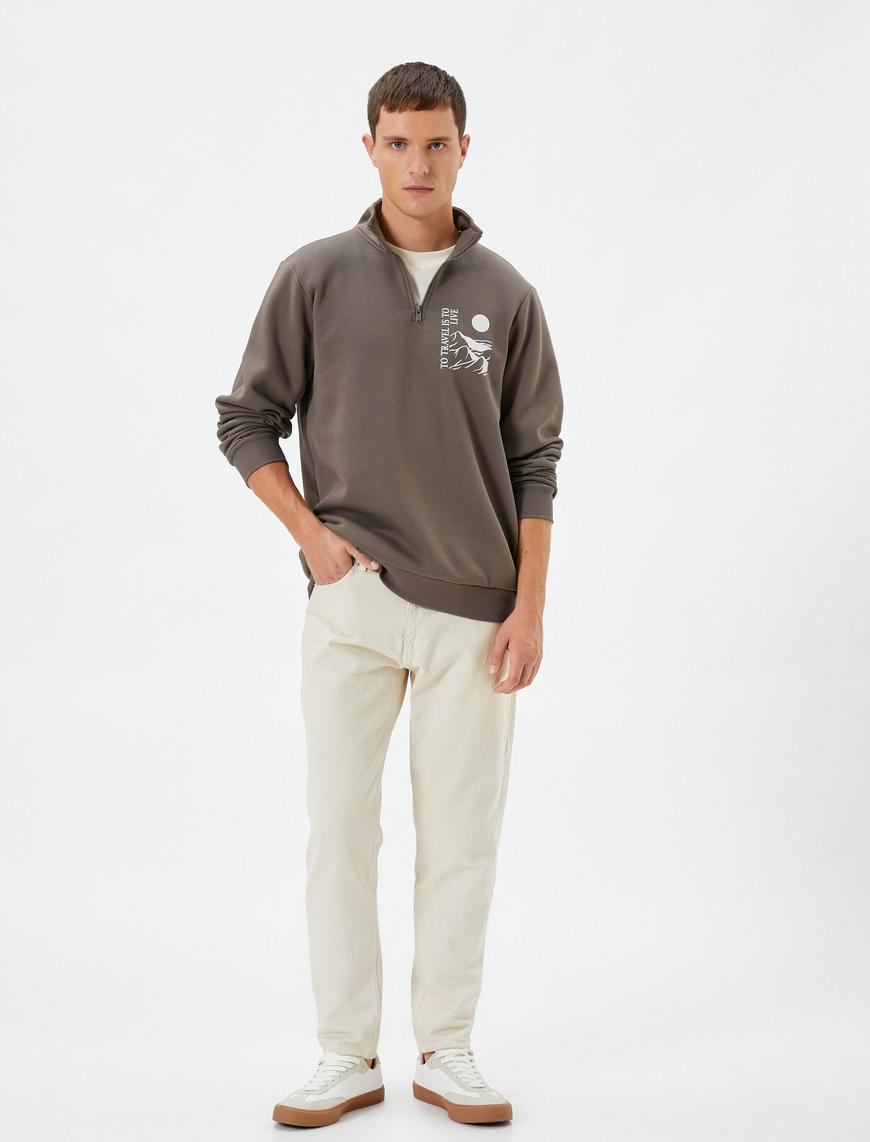   Yarım Fermuarlı Sweatshirt Slogan Baskılı Dik Yaka Şardonlu