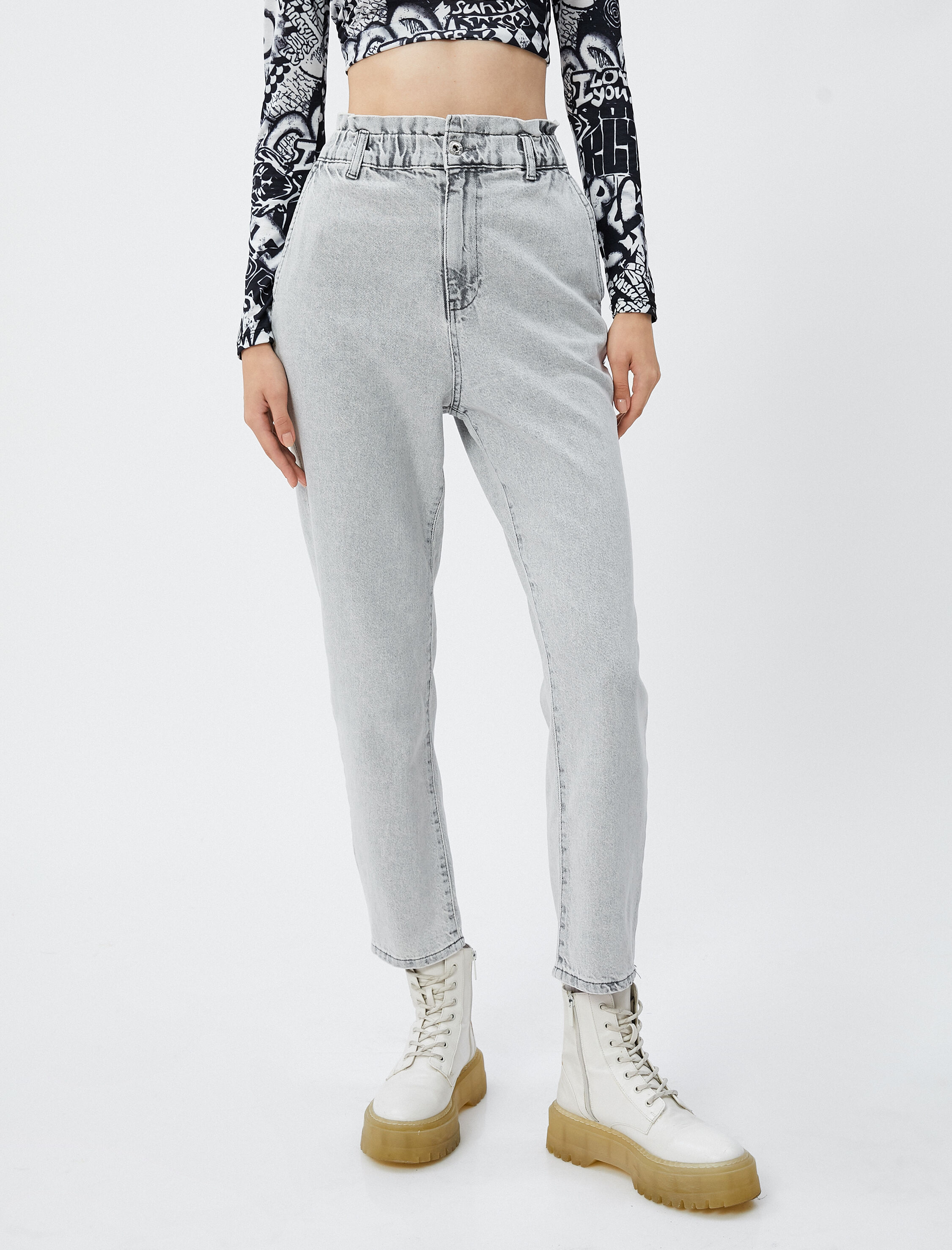   Yüksek Bel Lastikli Straight Jean Kot Pantolon Crop Düz Paça - Baggy Jean