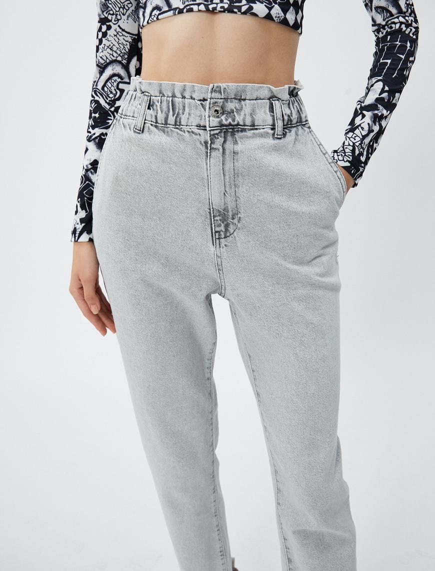   Yüksek Bel Lastikli Straight Jean Kot Pantolon Crop Düz Paça - Baggy Jean