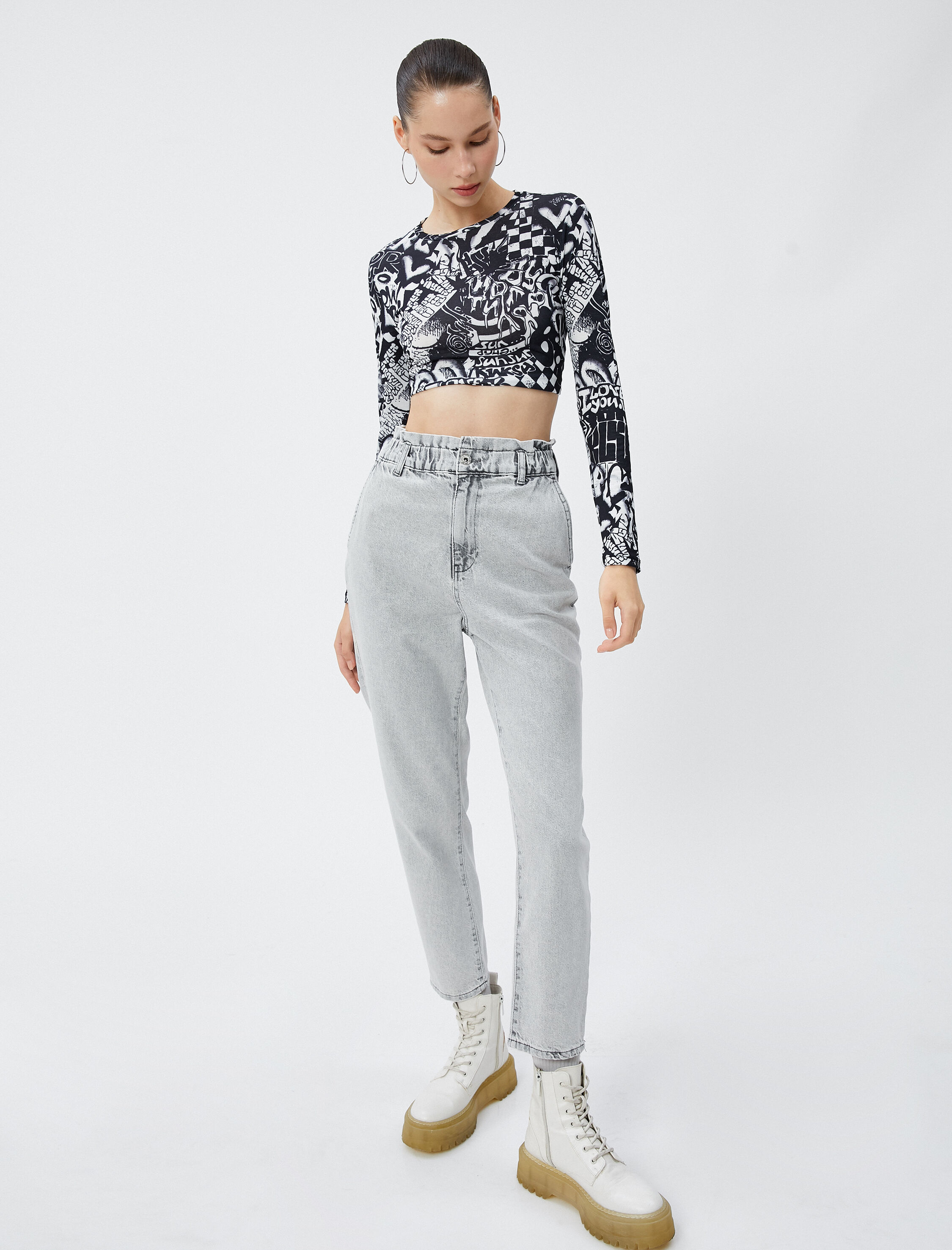   Yüksek Bel Lastikli Straight Jean Kot Pantolon Crop Düz Paça - Baggy Jean