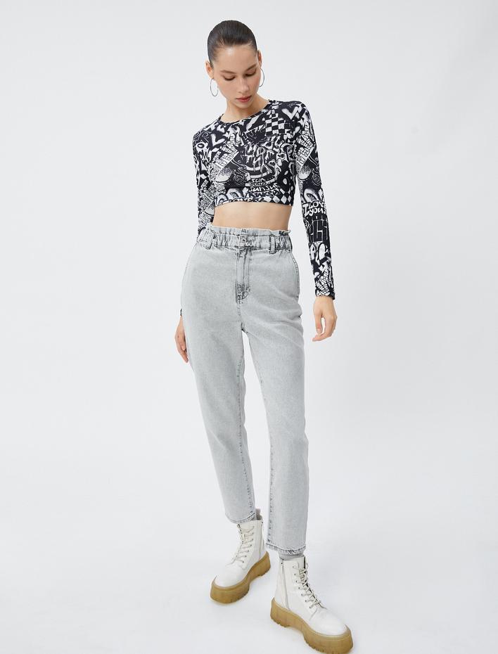  Yüksek Bel Lastikli Straight Jean Kot Pantolon Crop Düz Paça - Baggy Jean