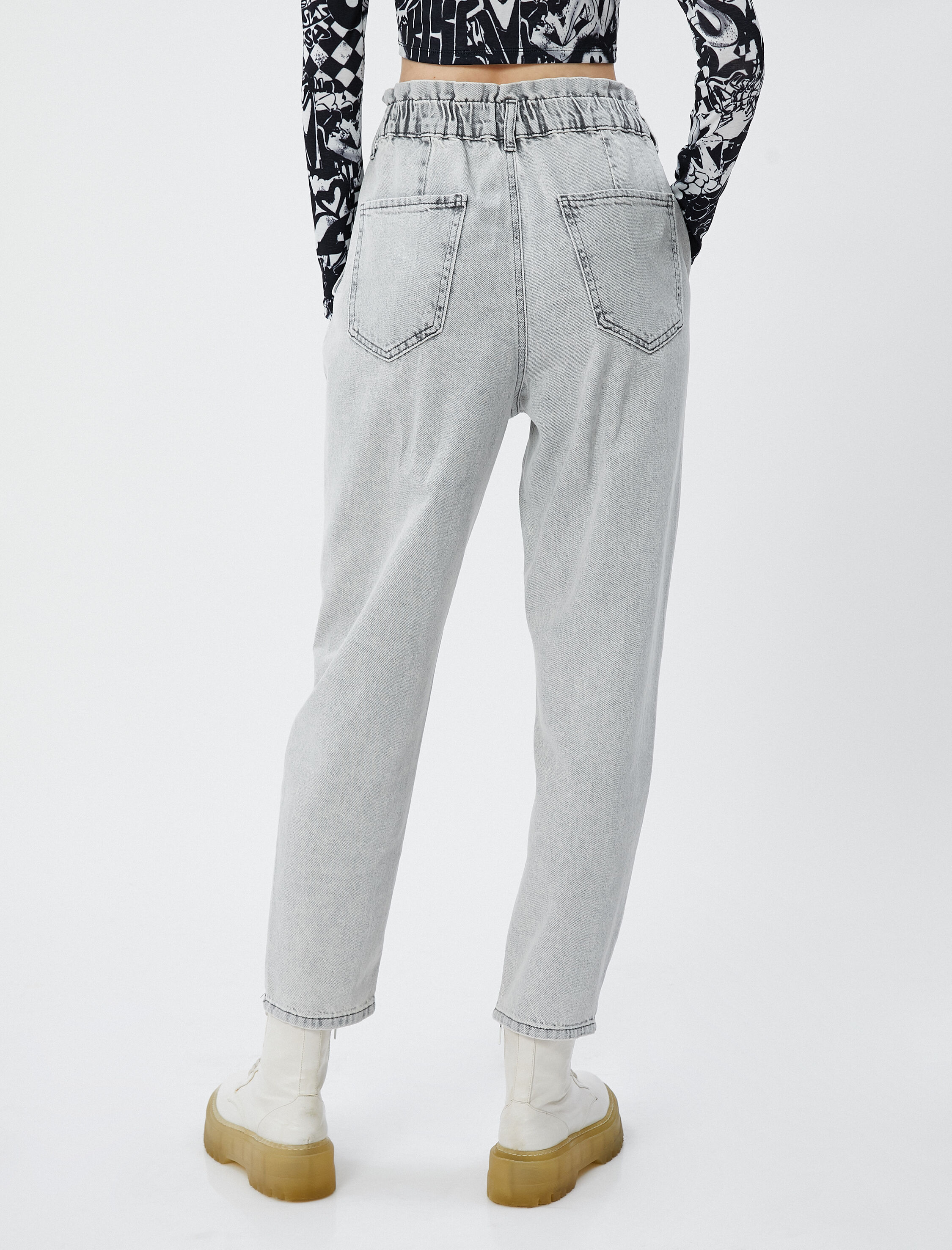   Yüksek Bel Lastikli Straight Jean Kot Pantolon Crop Düz Paça - Baggy Jean