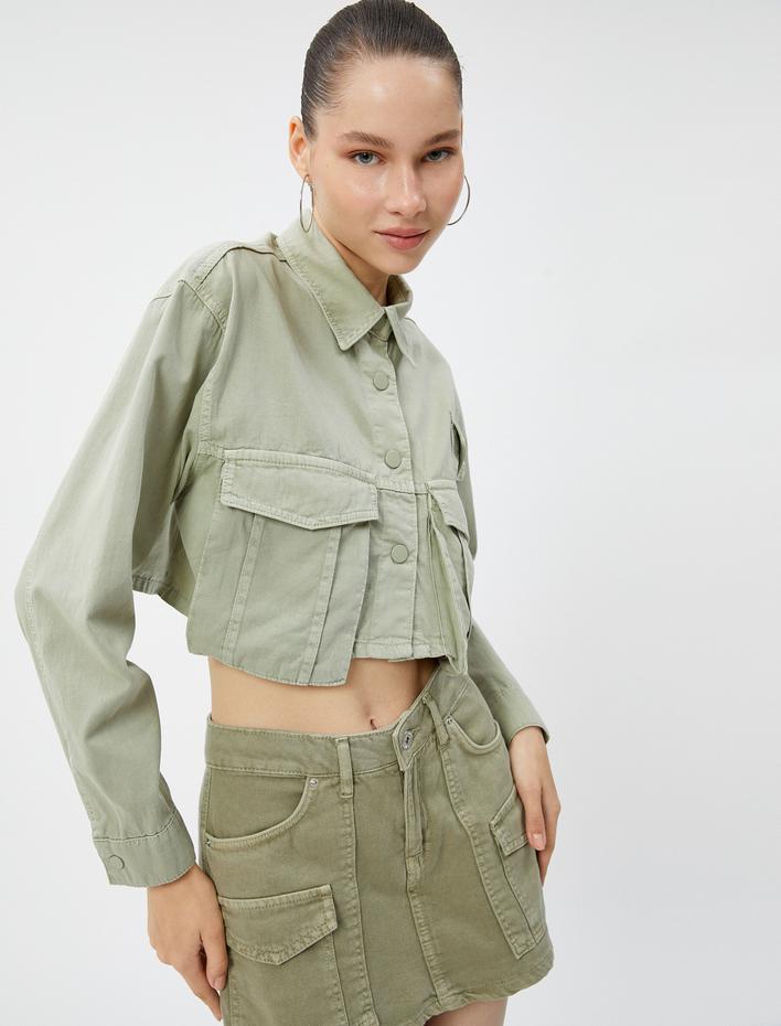  Crop Kot Ceket Aplike Asimetrik Cep Detaylı Pamuklu