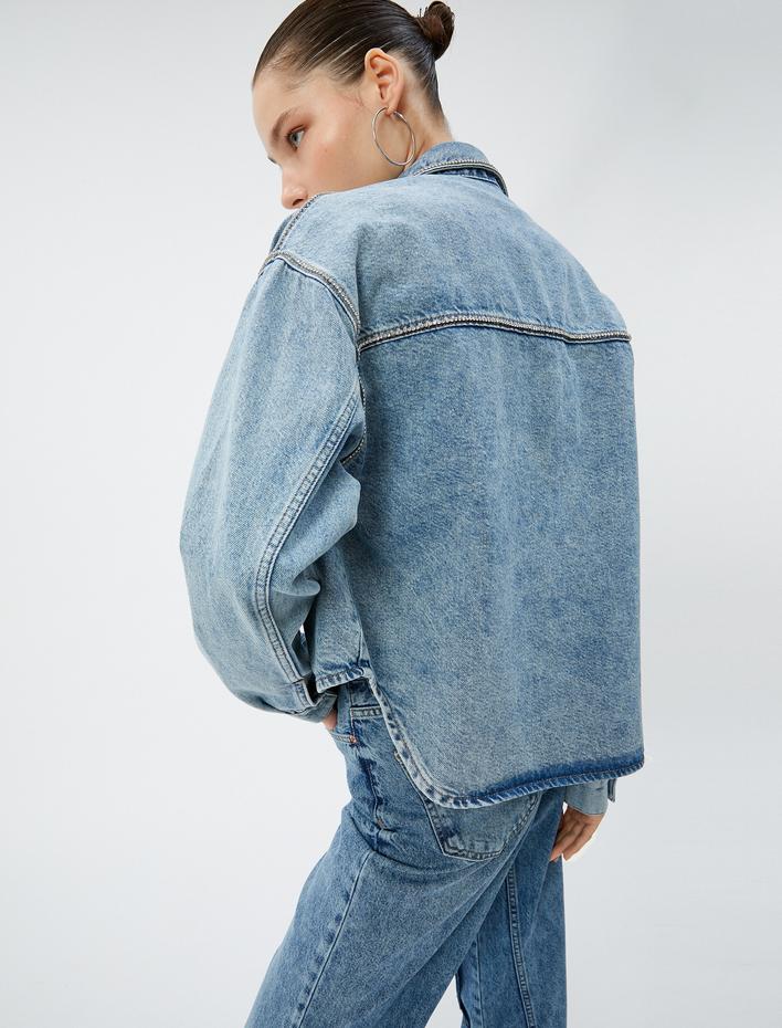  Kot Ceket Taş İşlemeli Cepli Gömlek Yaka