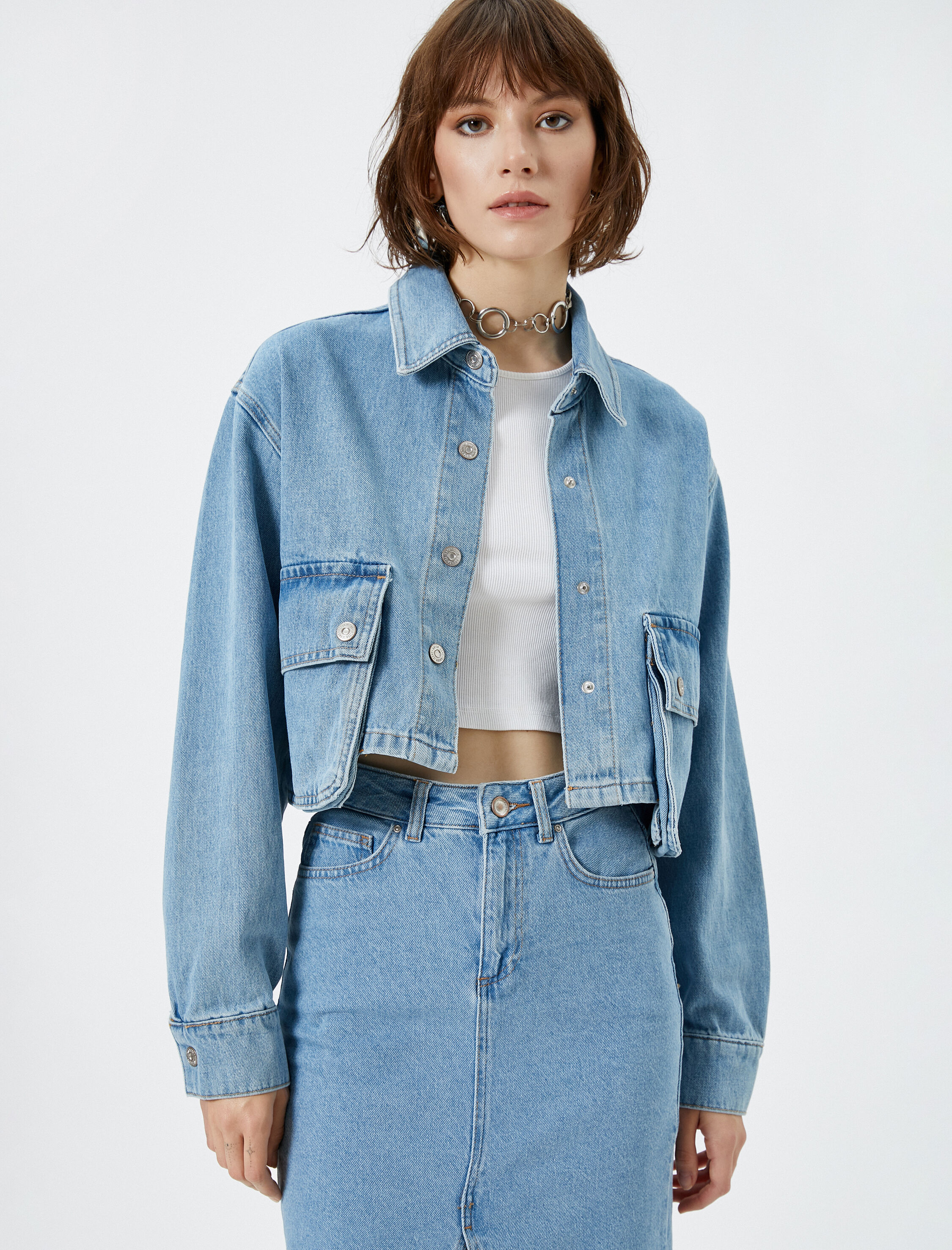   Kot Ceket Kısa Aplike Asimetrik Cep Detaylı Pamuklu